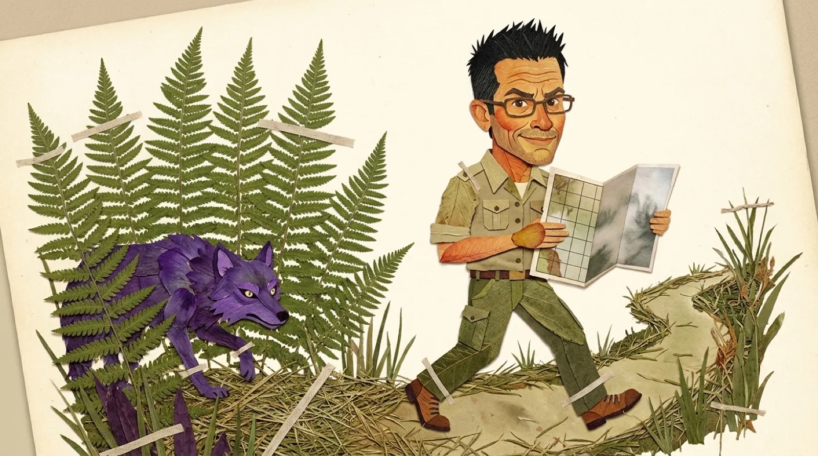 Chris Pirillo made of pressed leaves striding through a jungle maze, holding a half-revealed map while a purple wolf peers from the ferns