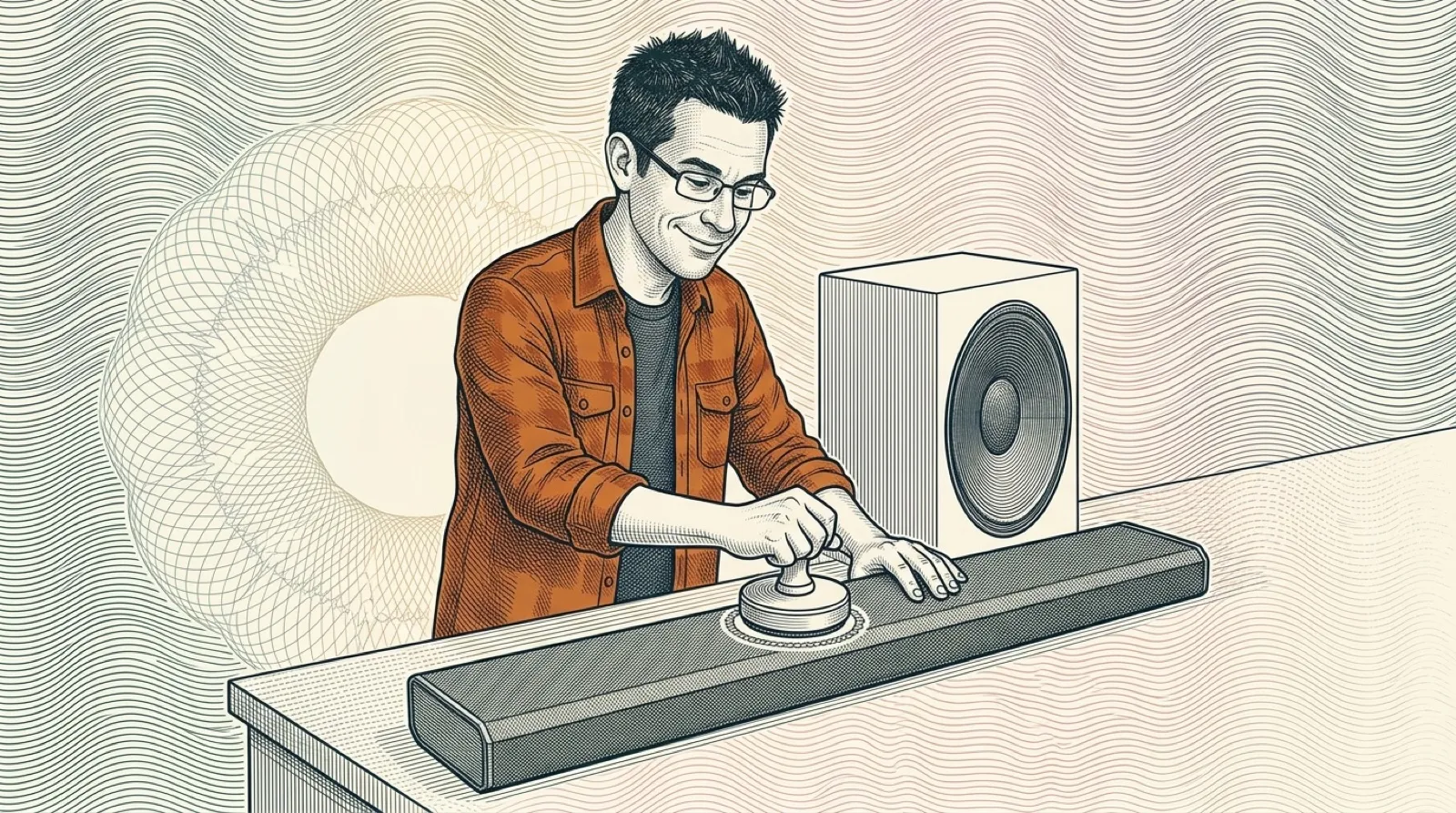 Chris Pirillo pressing a big blank entry stamp onto a long black soundbar, drawn in the fine-line rosette patterns of passport security printing