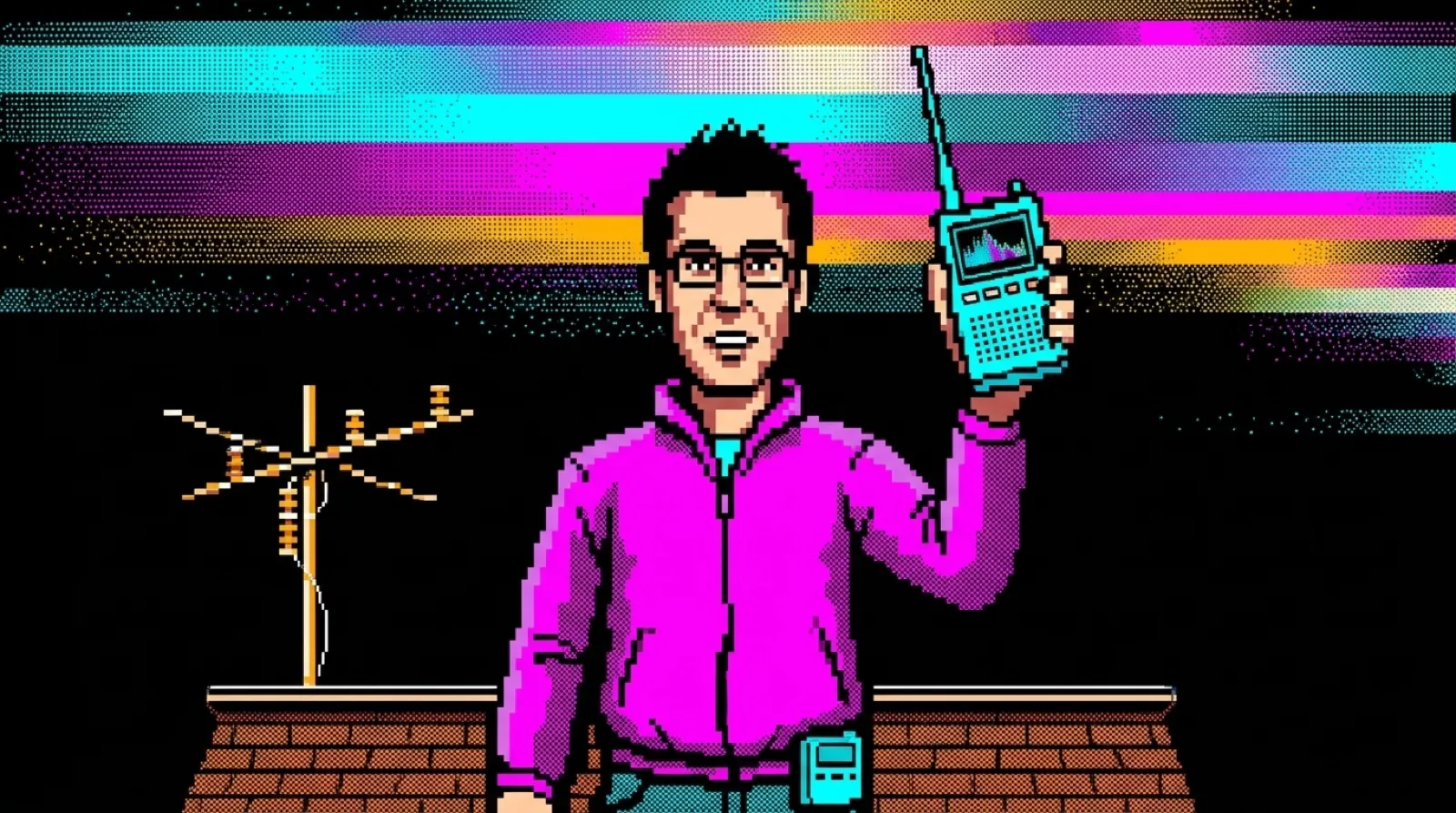 ANSI block-art scene of Chris on a night rooftop holding a small radio up toward bands of colored signal, with a pager clipped at his belt.
