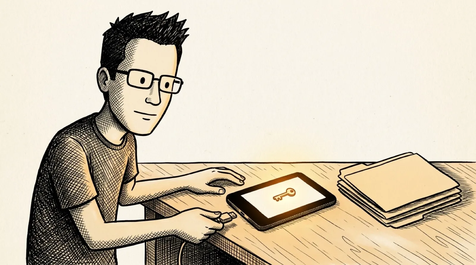 Pen-and-ink drawing of Chris plugging a USB cable into an e-reader, with a small stack of empty folders beside it and a tiny key glowing on the e-reader screen