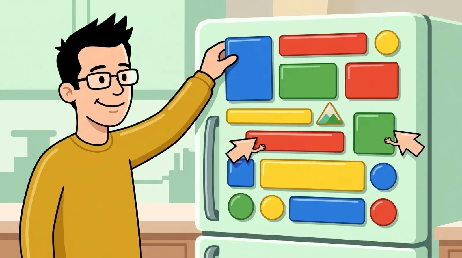 Chris arranges colored shape magnets on a fridge door while two little arrow-pointer helpers slide their own shapes into the same layout.