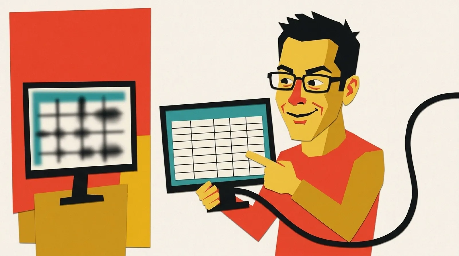 Chris holds up a crisp, sharp monitor showing a clean grid beside a smeared, blurry one, a video camera cable running from the sharp screen out of frame