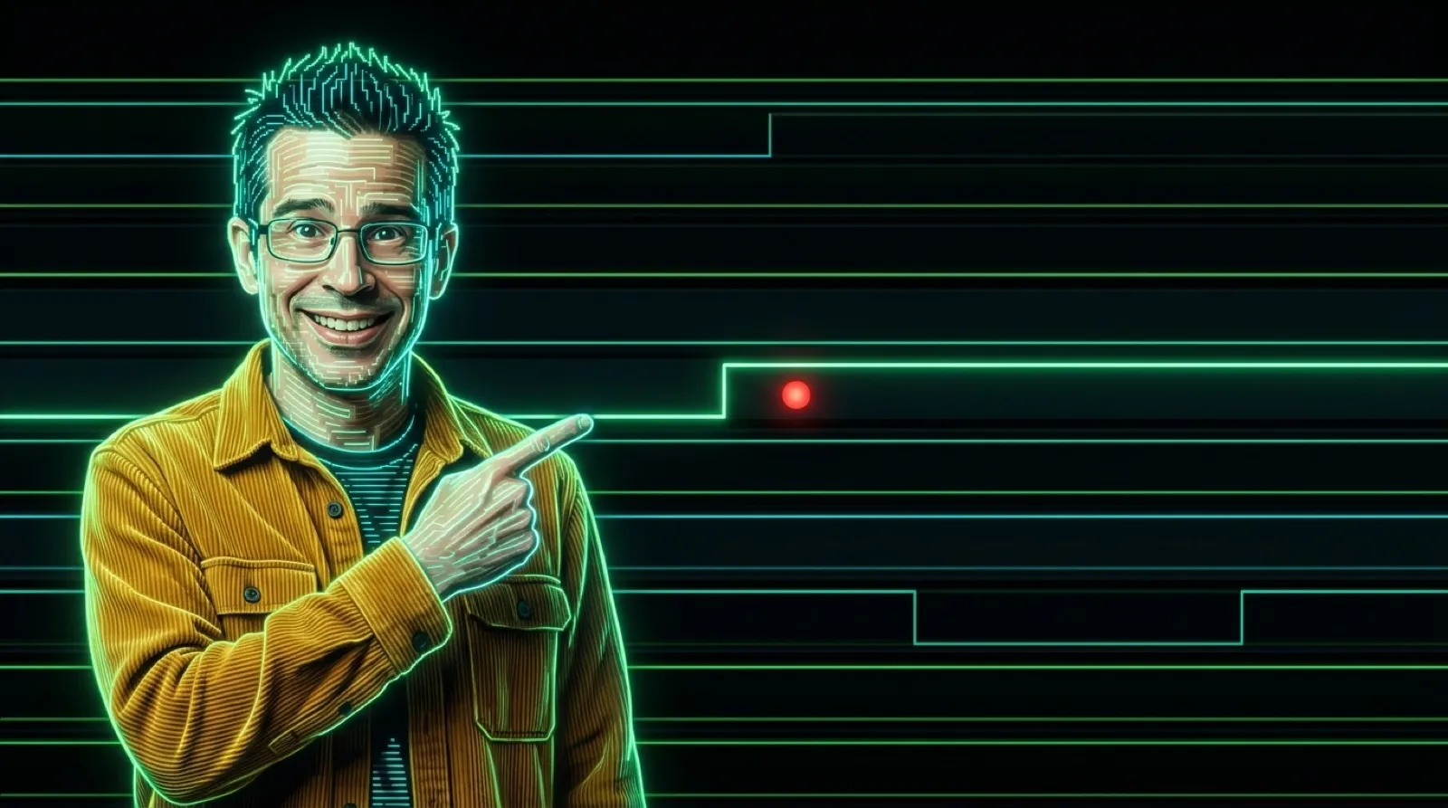 Chris Pirillo drawn in glowing logic analyzer traces, pointing at a square-wave line that stays high while a small LED beside him stays lit