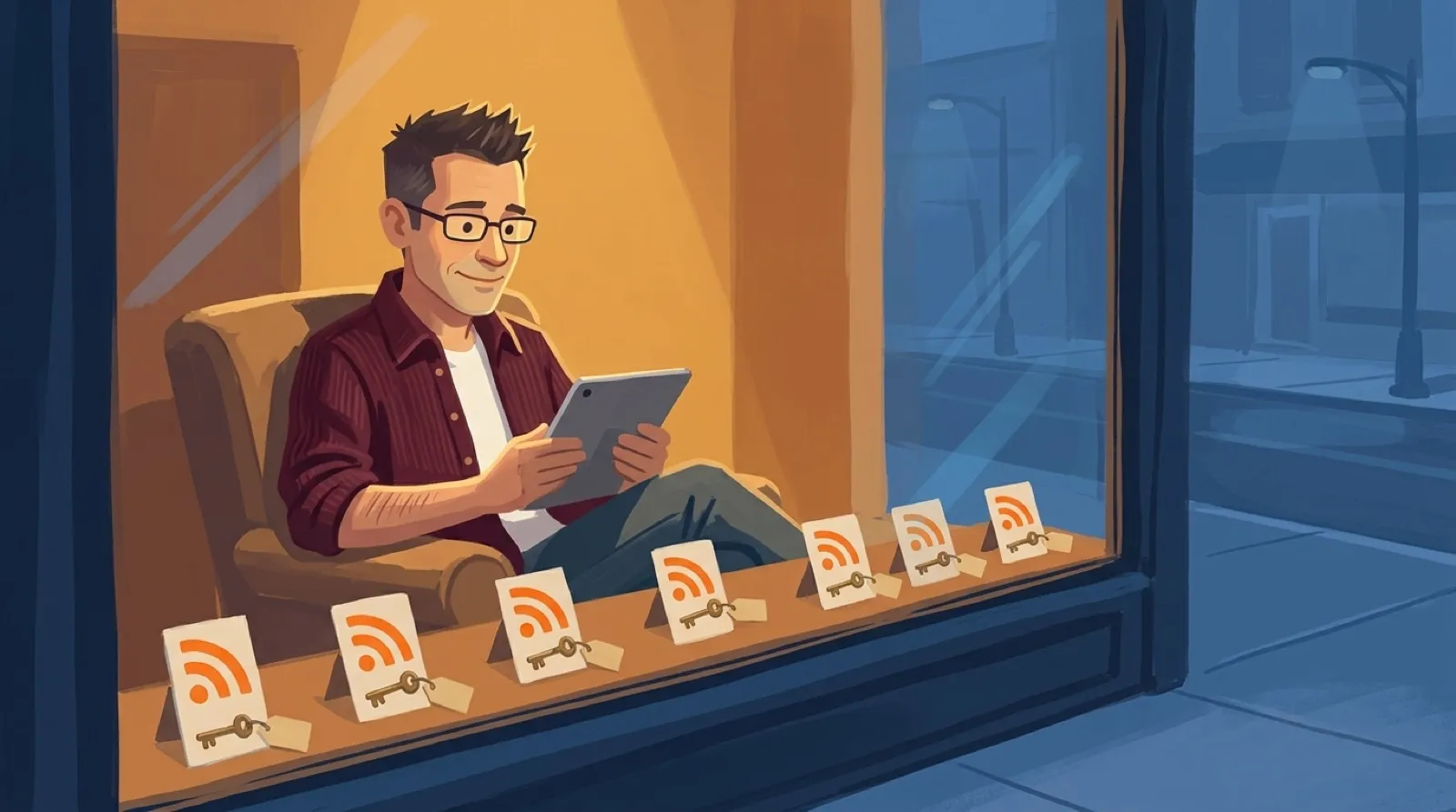 Chris sits reading a tablet in a lit shop window at dusk, his feed cards with little keys on open display behind the glass.