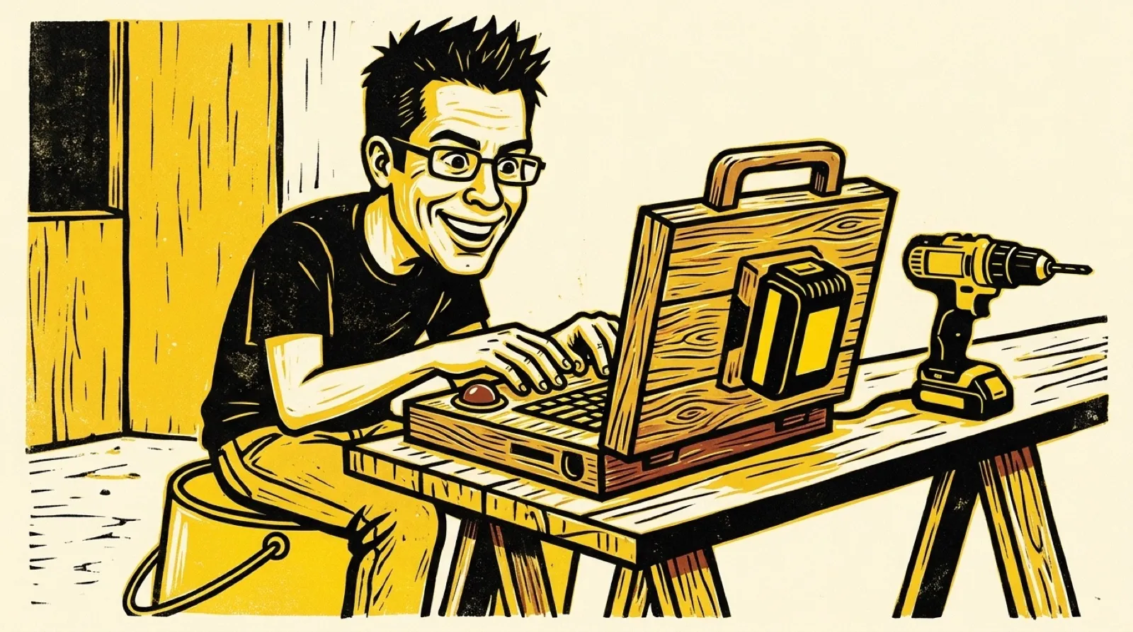 Chris at a job-site sawhorse typing on a chunky homemade laptop powered by a cordless-drill battery