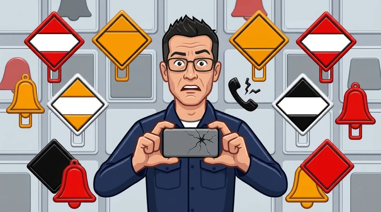 Chris holding a cracking, darkened phone at arm's length as a broken-handset dropped-call symbol floats off it, surrounded by molded warning placards.