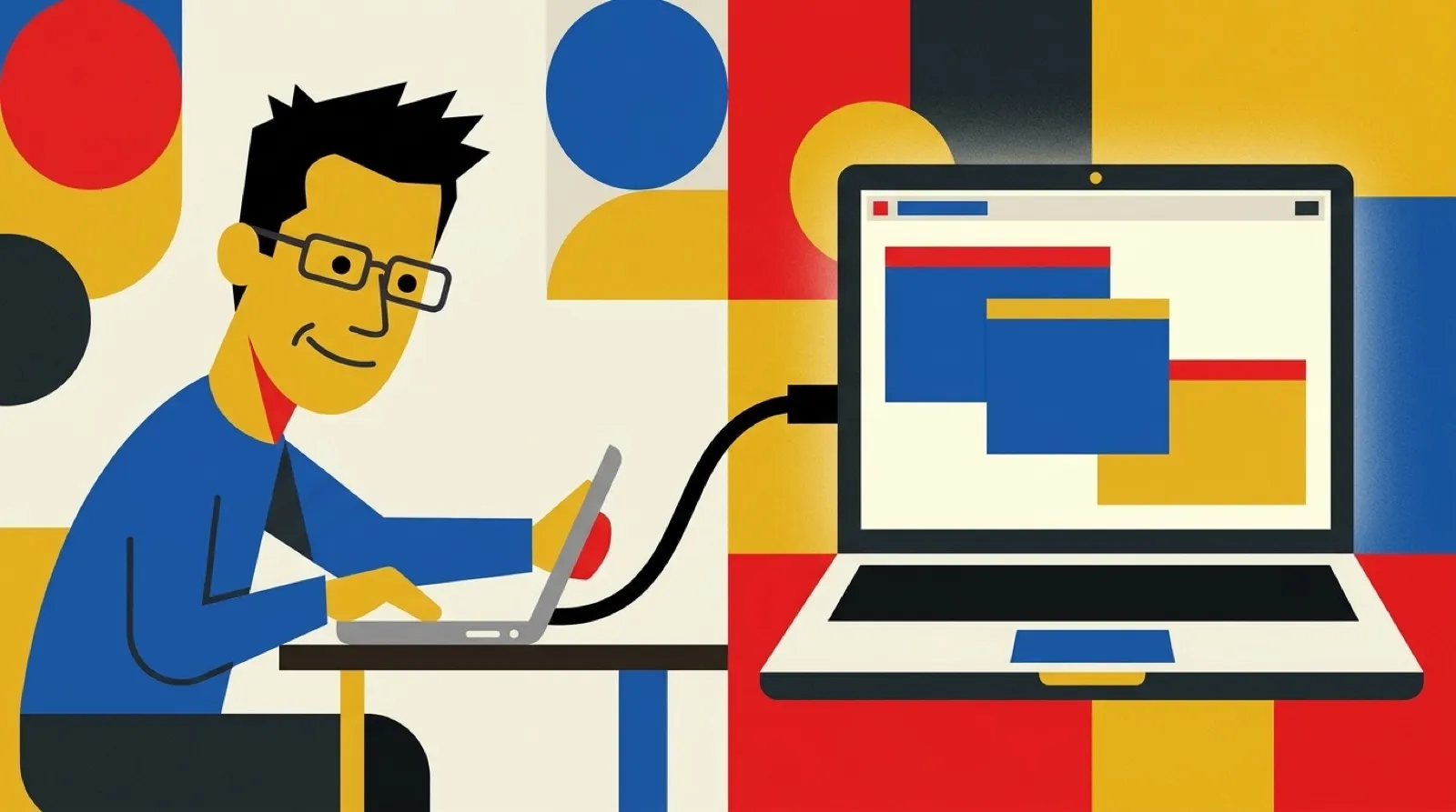 Chris plugs a cable from a small silver laptop into a larger laptop whose screen lights up with a clean desktop of floating window shapes