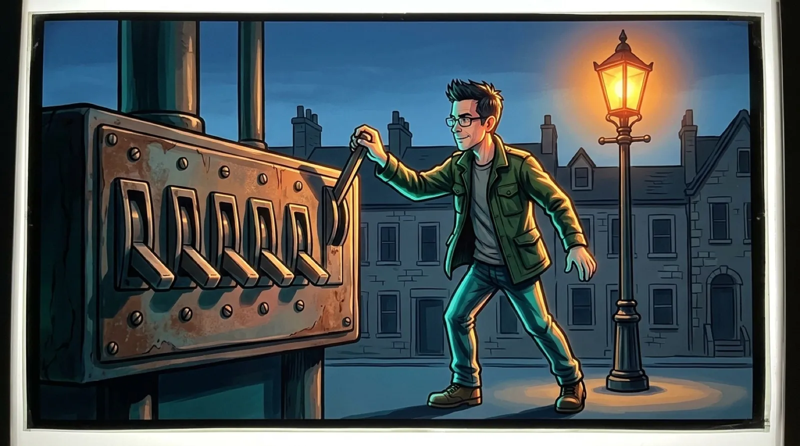Chris stands in a dim stone castle town at a wall panel of big switches, flipping one on so a single lamp lights while the rest of the switches stay down.