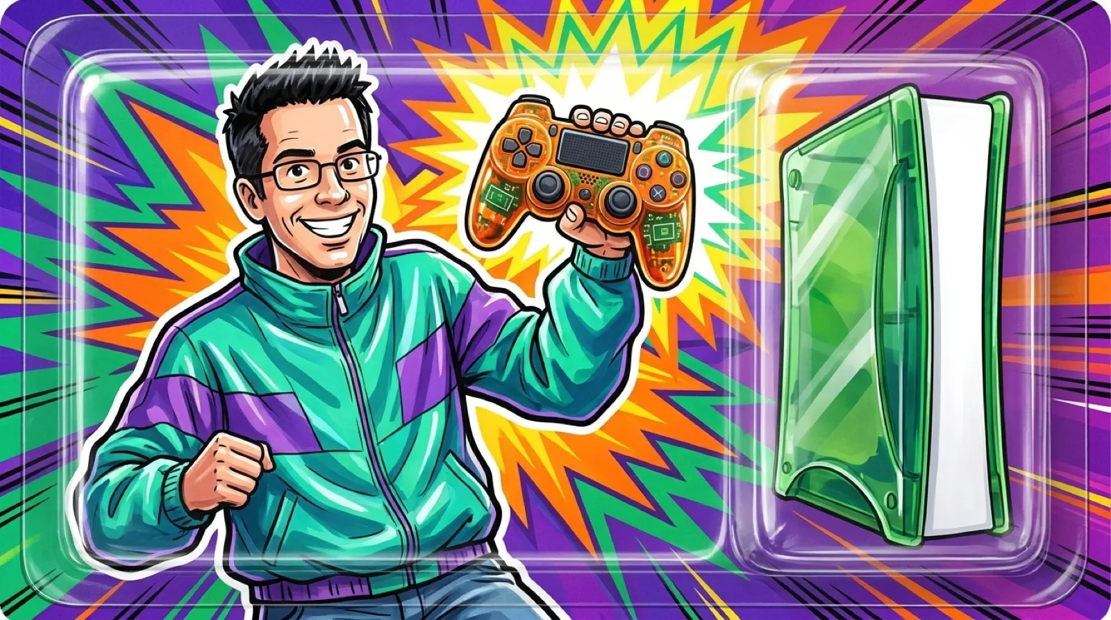 Late-1990s toy packaging art: Chris Pirillo in a baggy color-block windbreaker holds a see-through orange game controller up to the light, its circuit board visible inside, beside a tall upright console wearing clear green side panels.