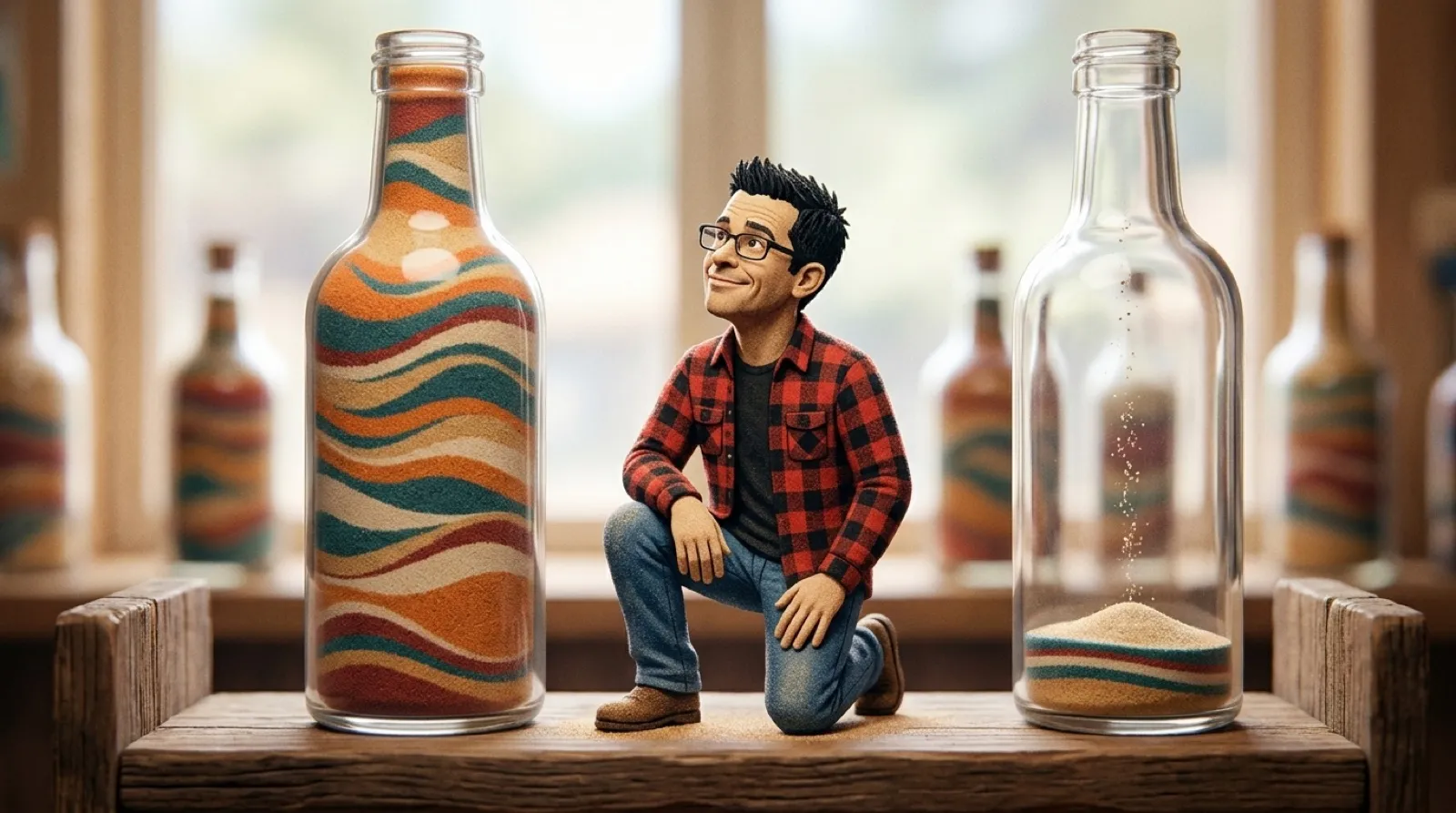 Chris Pirillo kneeling between two glass bottles of layered colored sand, one tall and full, the other holding only a thin layer at the bottom.