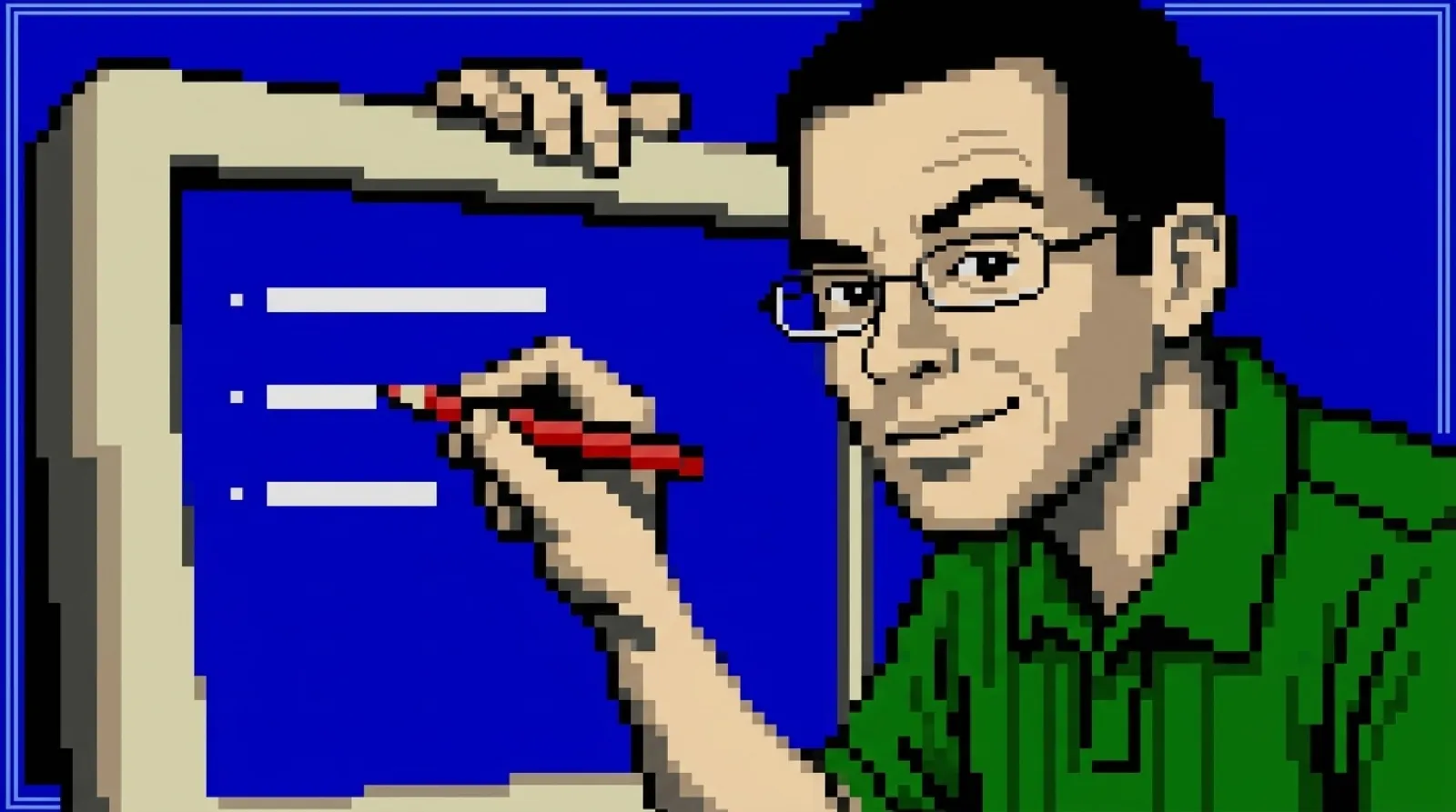 Chris Pirillo leaning close to a blue screen with a red pencil, marking up a blank three-bullet message, built from old PC text-mode block characters