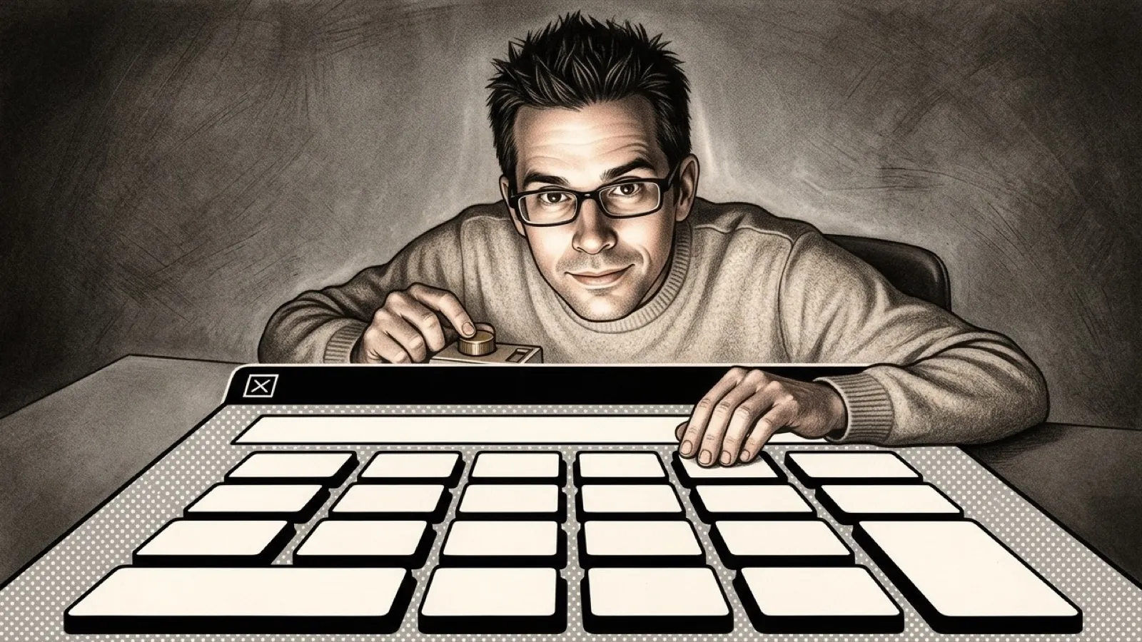 Chris Pirillo turns small dials beneath an early Mac screen, reshaping the buttons and lines of a giant black-and-white desk calculator
