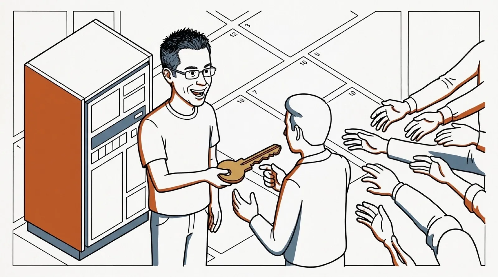 An isometric manual-style drawing of Chris handing a large brass key across a computer-room counter to a waiting stranger, with a cabinet-sized minicomputer behind them.