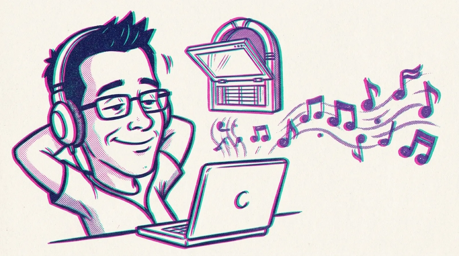 Chris, in a two-colour risograph print, leans back at a laptop wearing headphones while a small menu bar window above him opens like a jukebox spilling musical notes