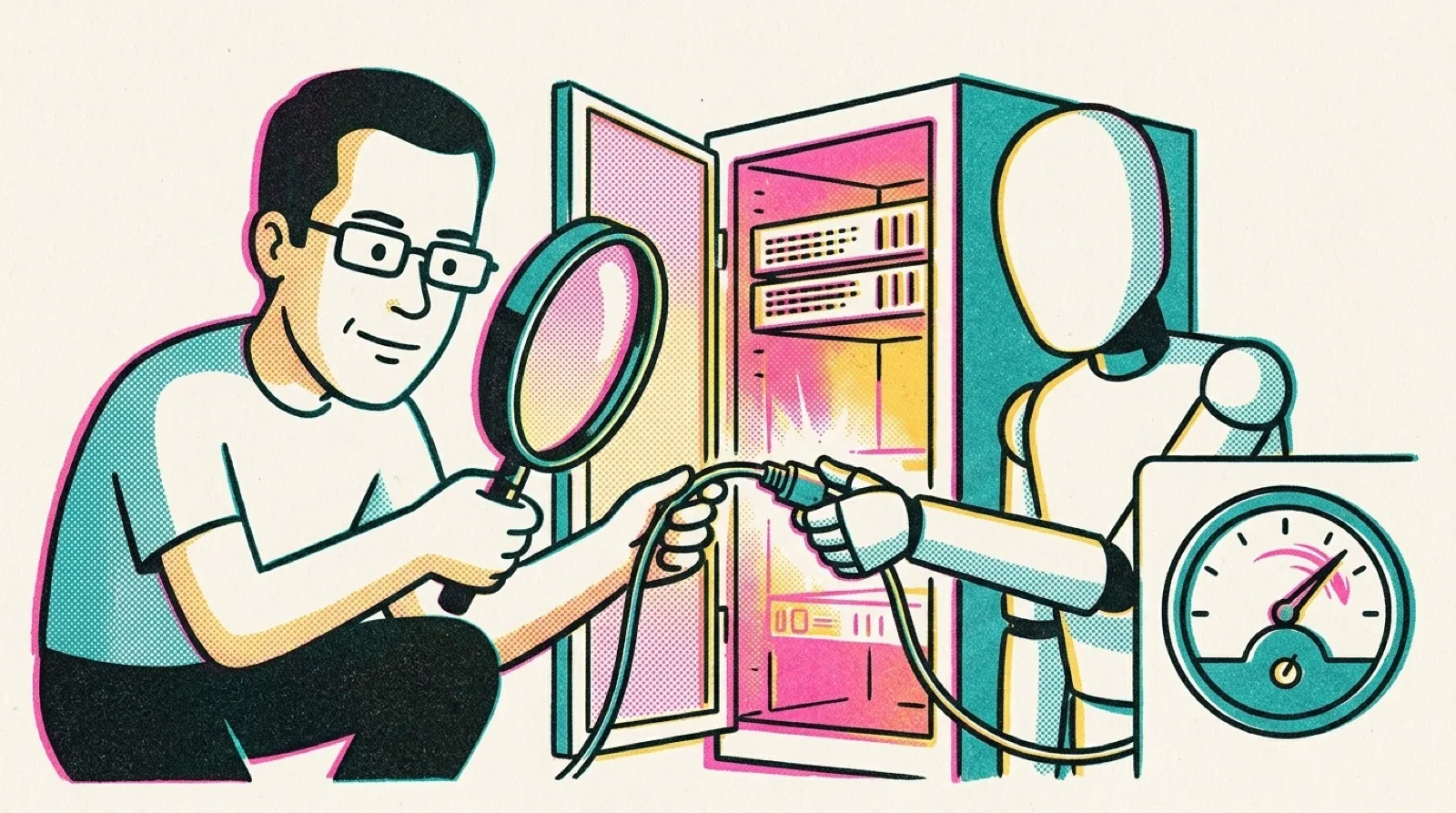 Risograph-printed Chris holds a magnifying glass over an open server rack where a faceless robot plugs in a cable, a spinning meter beside them.