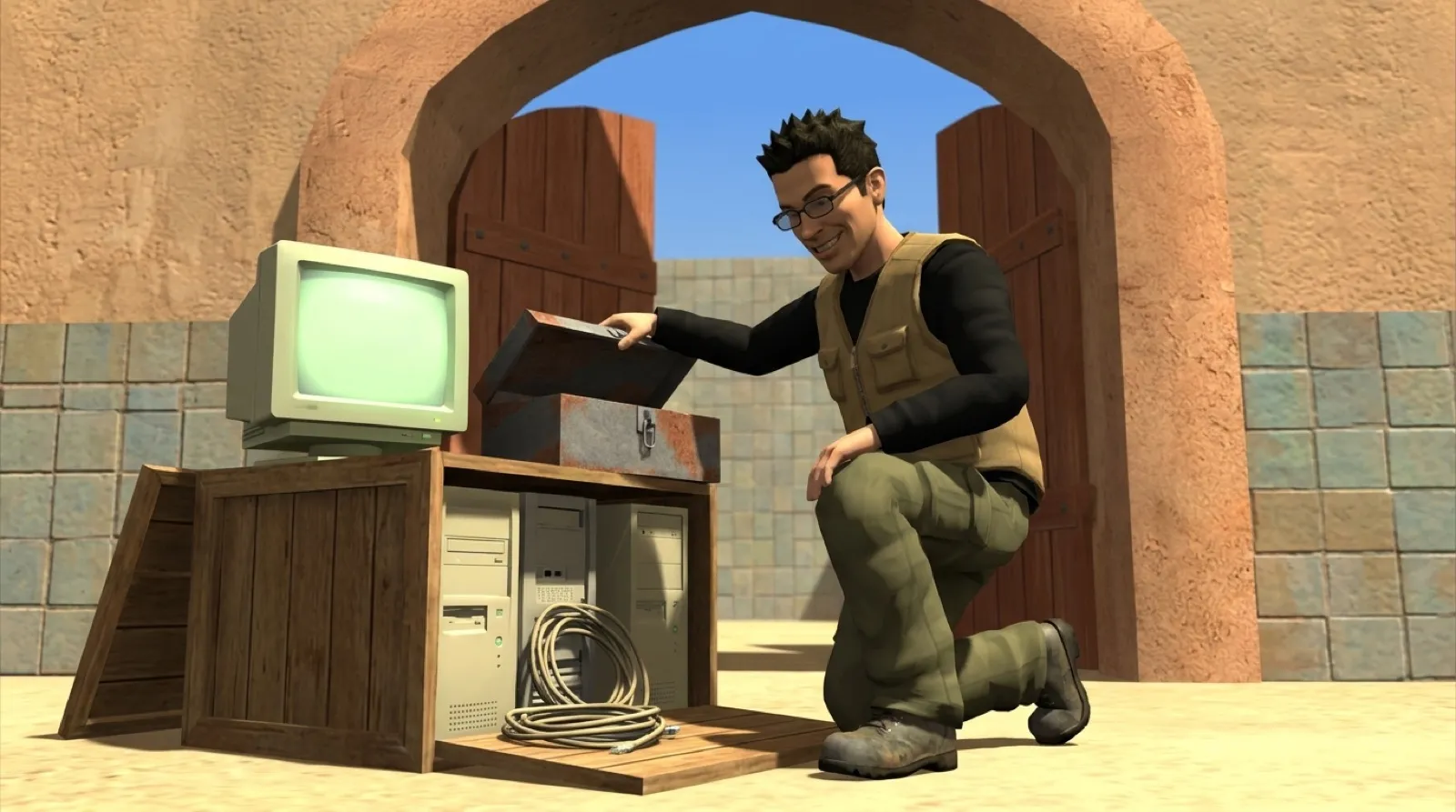Chris Pirillo as a blocky early-2000s game character, kneeling by a crate of old PCs in a sandstone courtyard