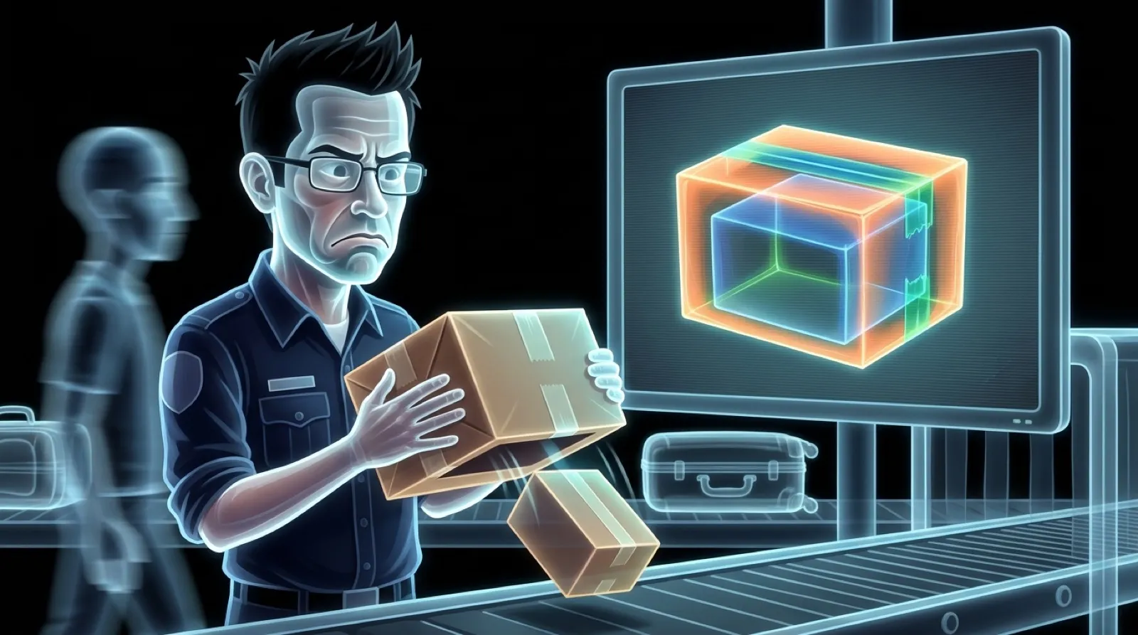 Chris, as a baggage screener, holds up one parcel while a second hidden box drops out of its false bottom; on the X-ray screen behind him the parcel shows only one box.