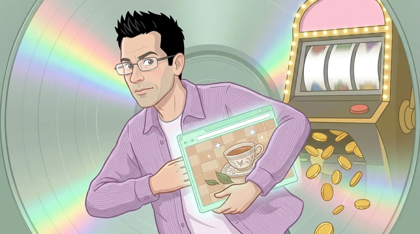 Chris Pirillo carrying a small pastel early-web fansite window with teacup decorations away from a garish slot machine, rendered on the rainbow sheen of a recordable disc