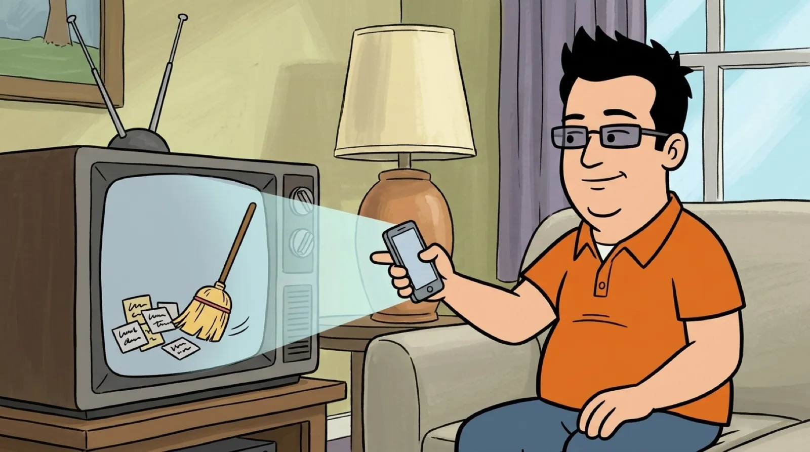 Cartoon Chris uses his phone to sweep clutter out of a television