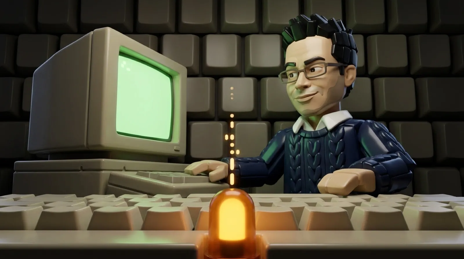 Chris Pirillo built from glossy molded keyboard keycaps, seated at an old terminal as a tiny keyboard light blinks dots and dashes and a faint message flickers at the edge of the screen