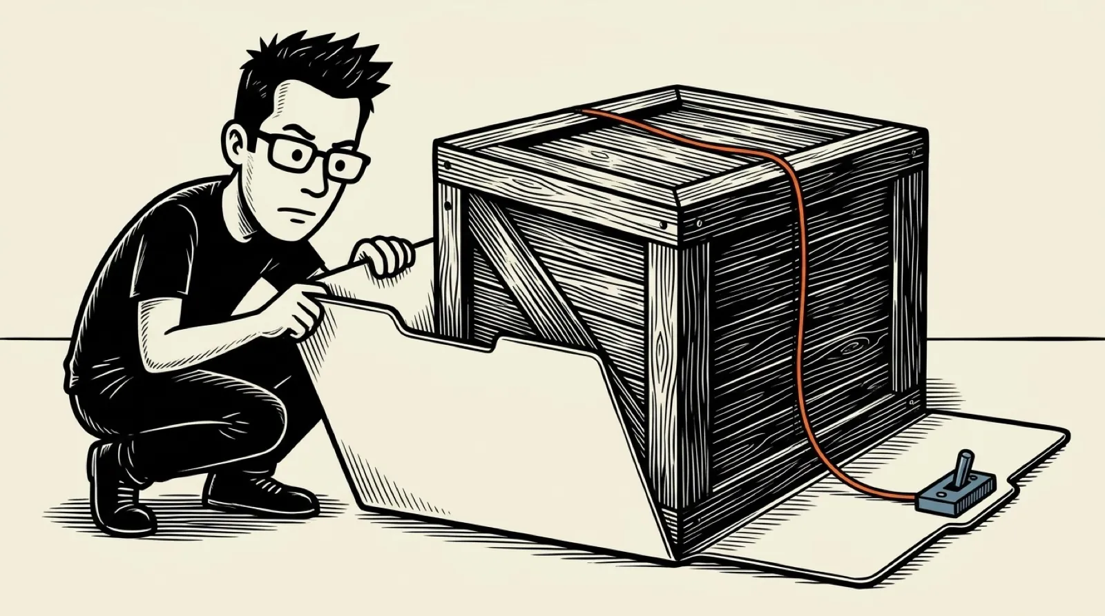 Scratchboard engraving of Chris lifting the lid of a plain folder to find an oversized crate hidden inside, wired to a small switch on the folder's edge.