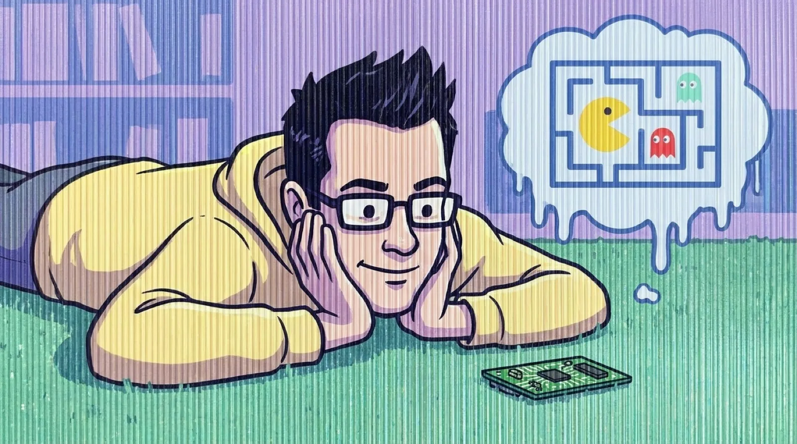 Chris lies on his stomach on the floor, chin in his hands, watching a tiny circuit board dream up a maze game in a cloud above it.