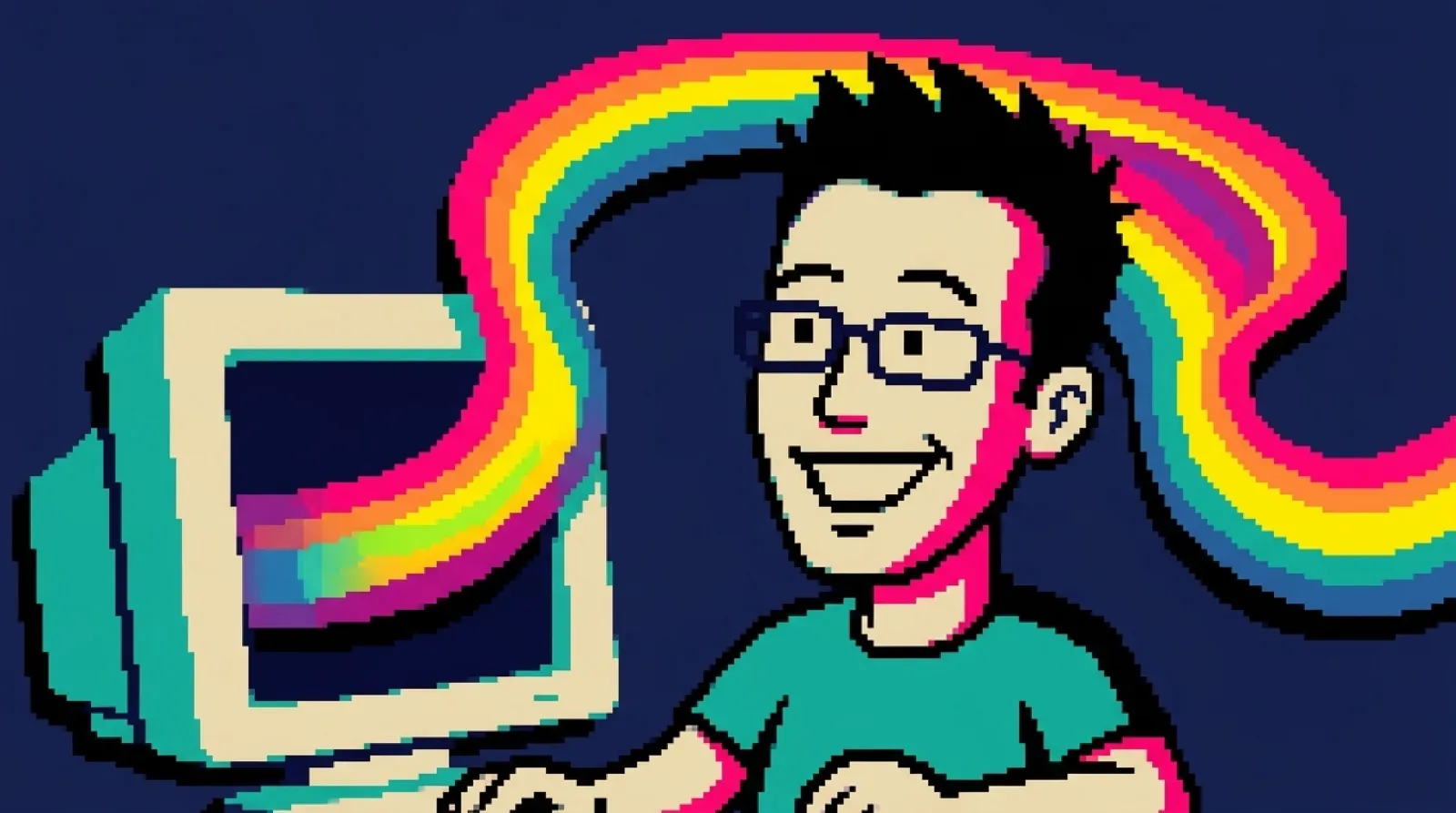 Chris leans toward a chunky beige monitor, grinning, as a rainbow ribbon of lettering-like shapes arcs out of the screen in a wave.