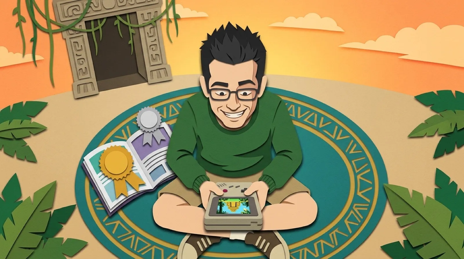 Chris Pirillo in layered papercut, sitting cross-legged on a rug playing a chunky handheld game console beside an open magazine with a gold rosette ribbon