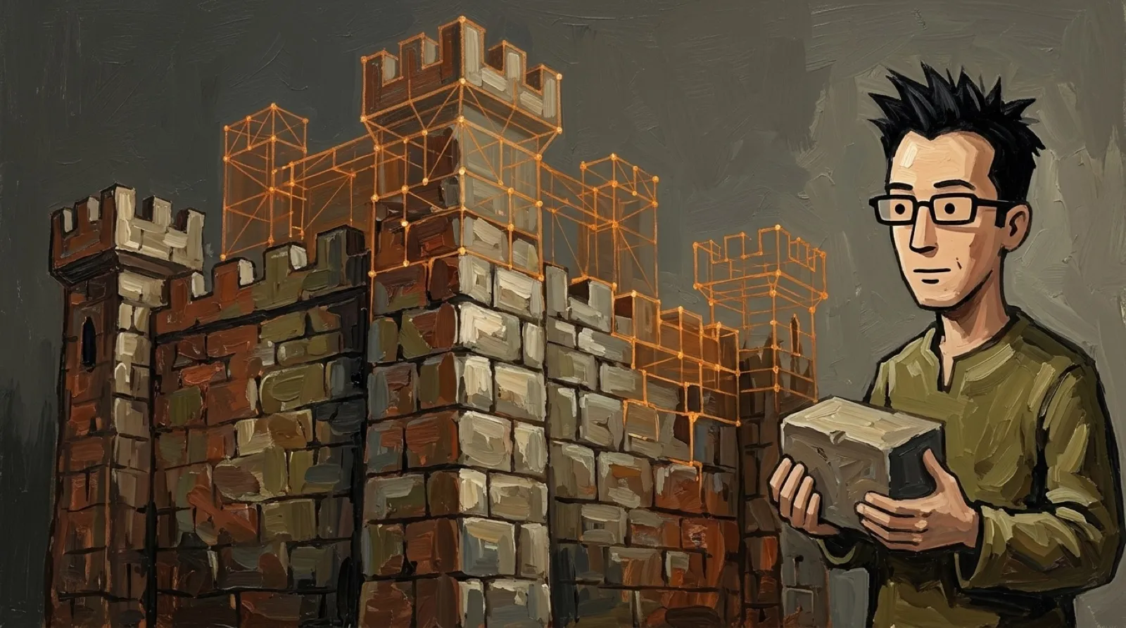Chris stands before a half-built brown stone fortress made of wireframe blocks