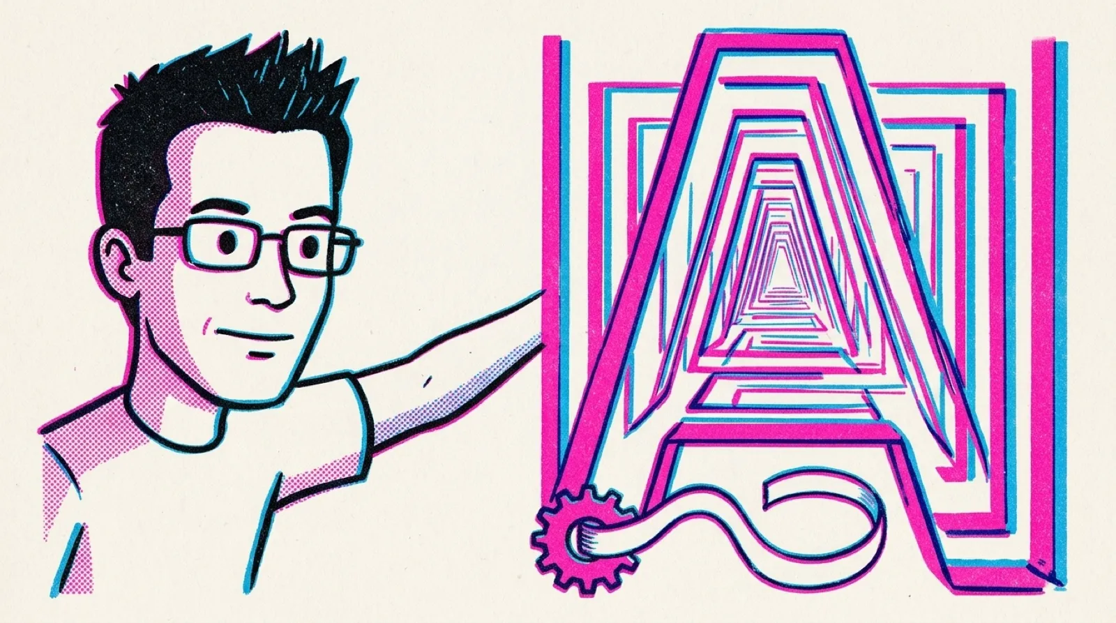 Risograph-print Chris leans into a giant letter 'A' on a screen whose vertical strokes have bent into the receding walls of a first-person maze, a tiny compiler gear beside him feeding ribbon into the glyph.
