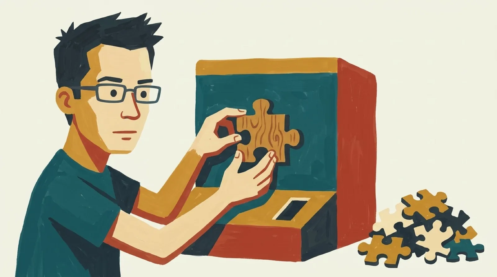 Chris holds a wooden puzzle piece up to a slot in a big machine, while a pile of misshapen pieces lies rejected on the floor beside it.