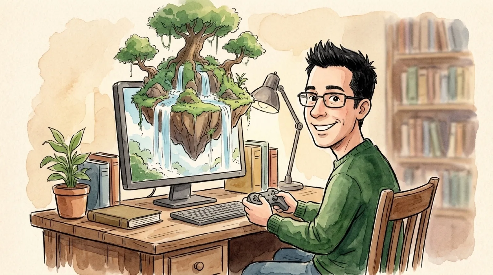 Storybook Chris at a PC as a floating sky island rises from the monitor