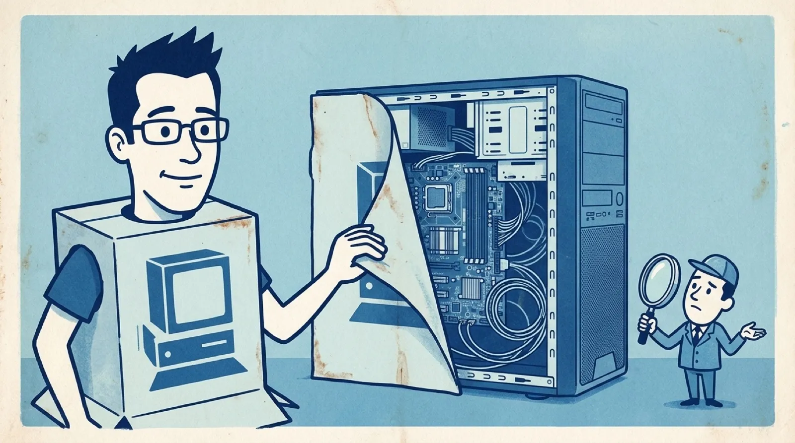 Cyanotype blueprint of Chris peeling a boxy machine-shaped disguise off a computer tower while a magnifying-glass inspector finds nothing left to flag.