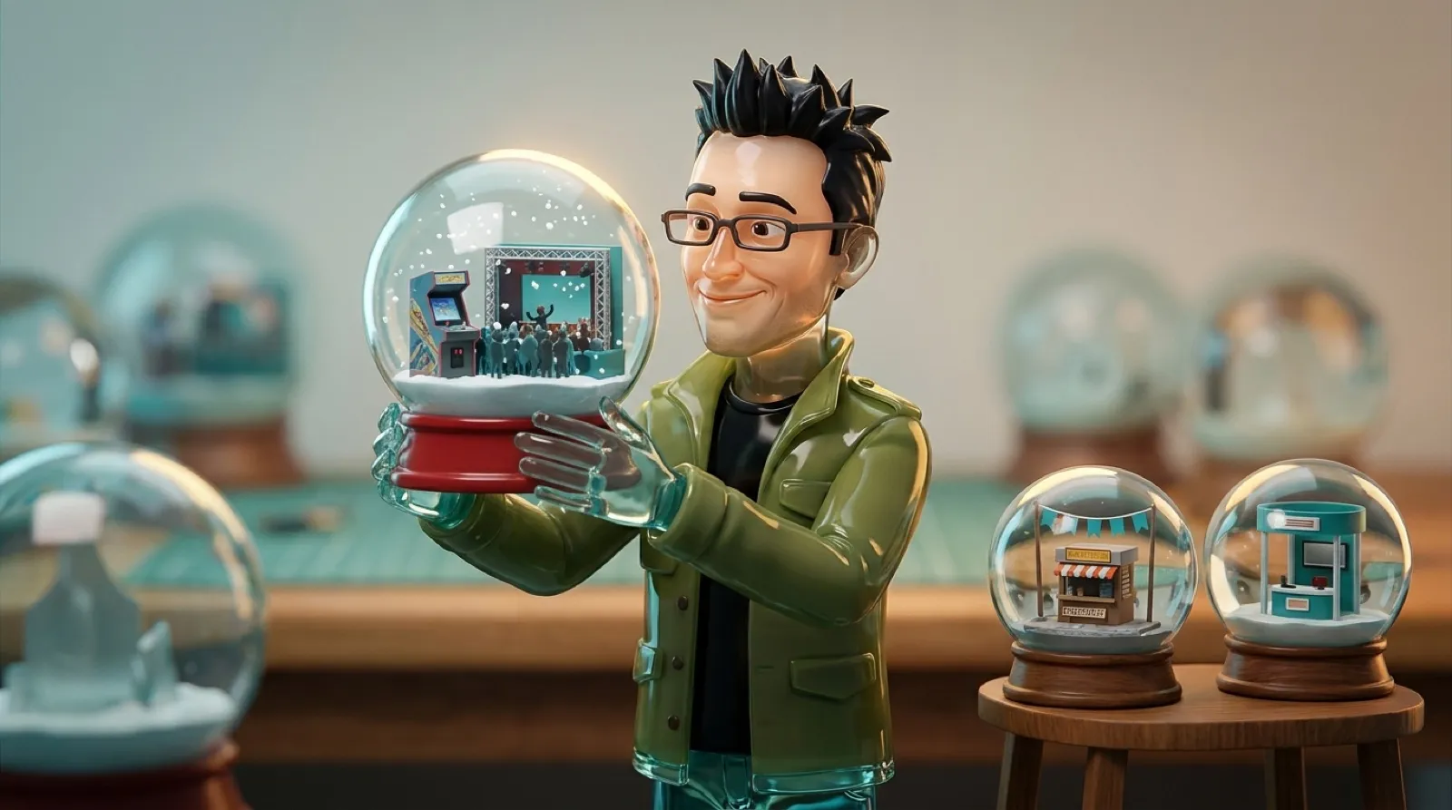 Chris holding up a snow globe that preserves a tiny late-1990s game-expo scene, more globes on a stand, each holding its own little moment.