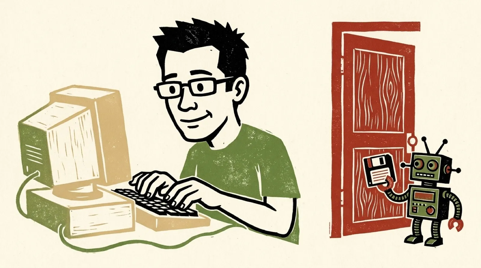 Chris sits at a big beige terminal typing with both hands while a small faceless robot waits outside a closed wooden door.