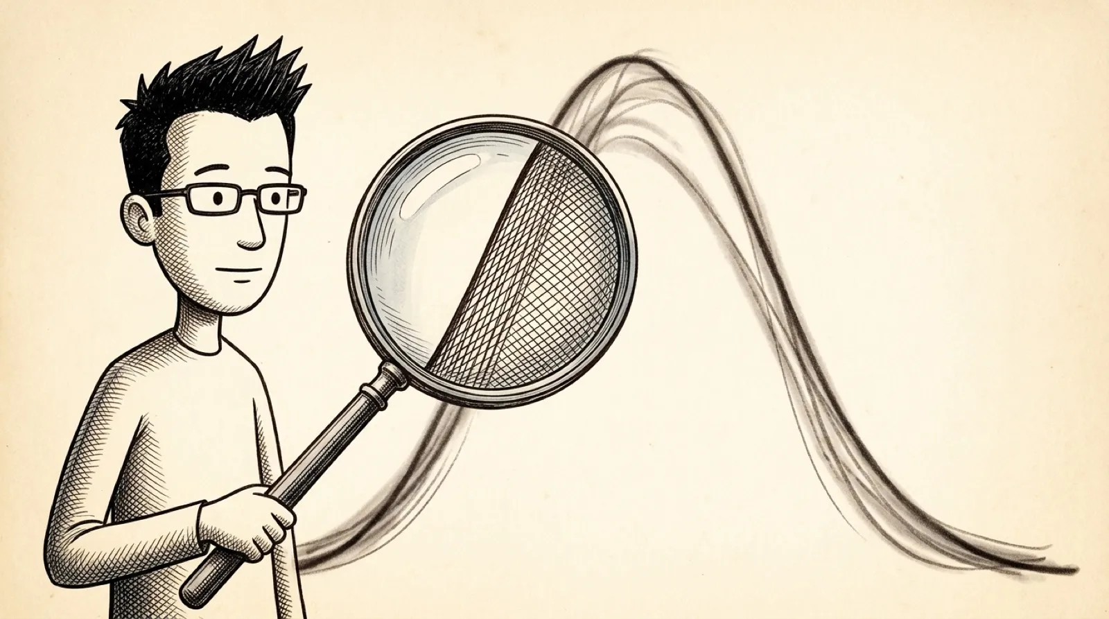 Chris holds a large round magnifying lens over a soft, blurry bell curve that turns crisp where the lens passes.