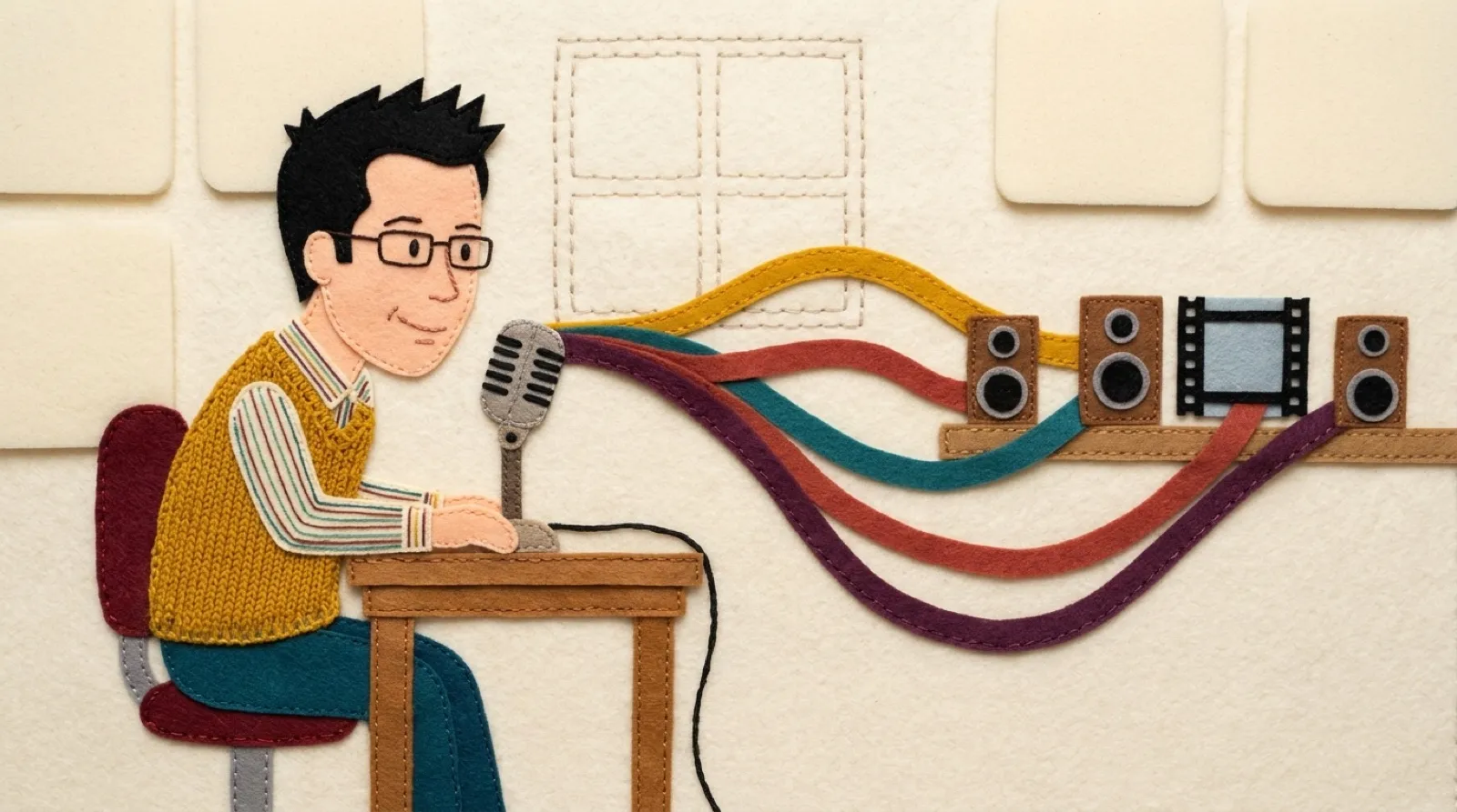 Felt appliqué wall hanging: Chris Pirillo in a knit sweater-vest speaks into a desk microphone in a cozy home studio, and his voice flows out as stitched felt ribbons into five small speakers of different colors.