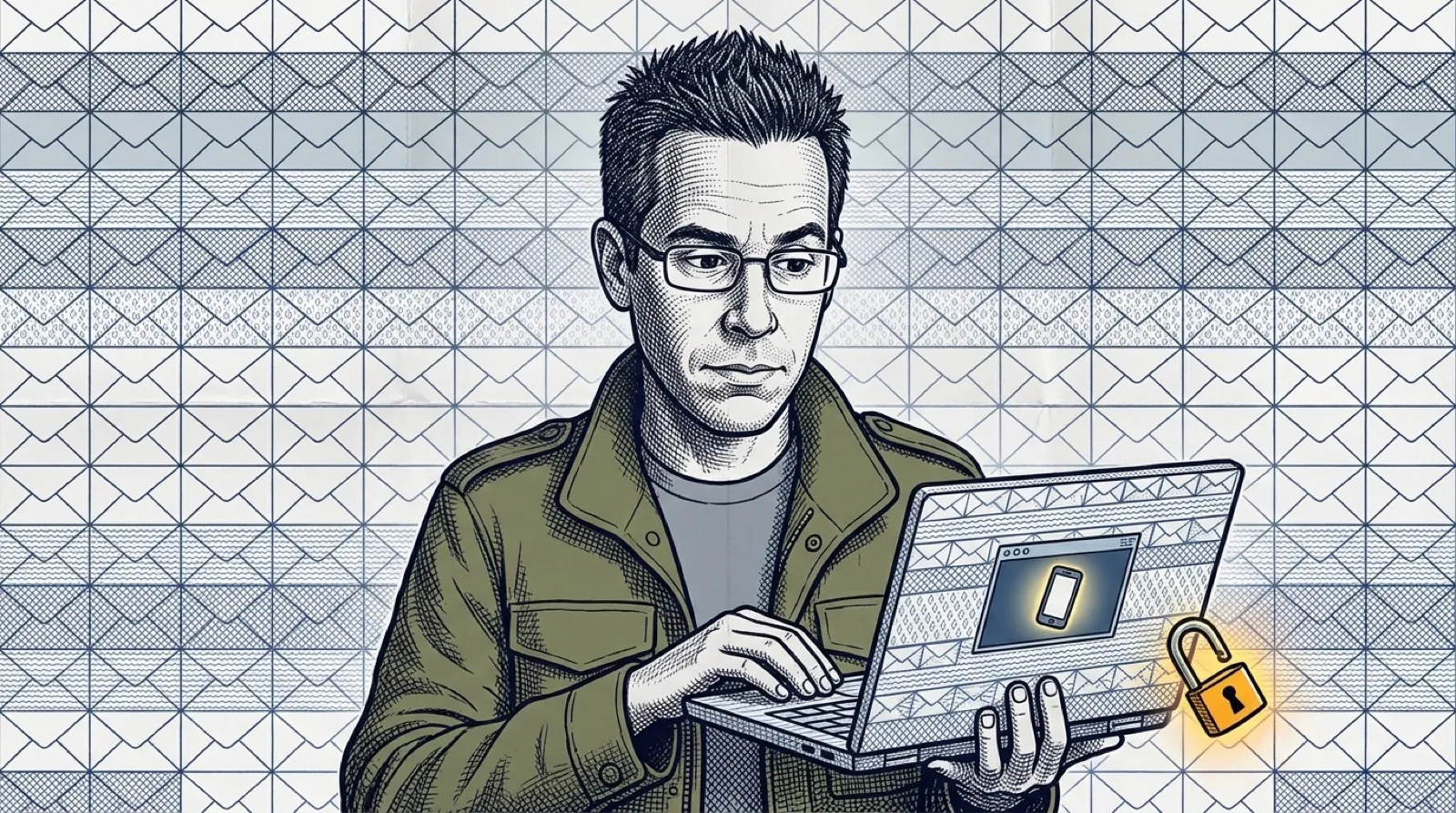 Chris stands behind an open laptop whose screen is a window into a tiny glowing phone, a padlock hanging half-open from its hinge, drawn in the crosshatched pattern of a security envelope's lining.