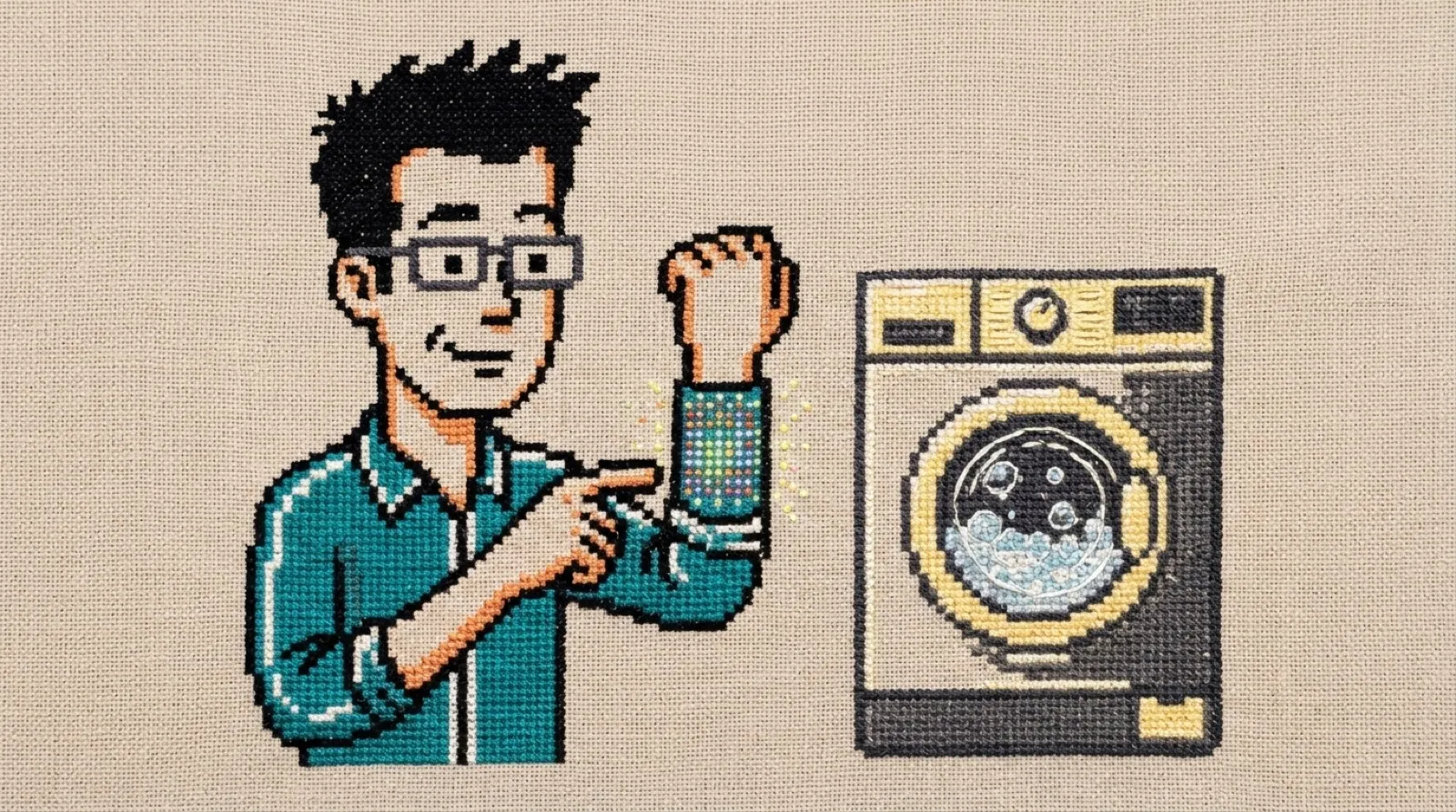 Chris taps a glowing grid of tiny lights on his own forearm sleeve while a front-loading washing machine spins beside him.