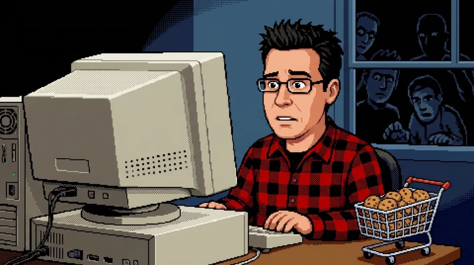 Pixel-art Chris at a 1994 computer with a shopping cart full of cookies