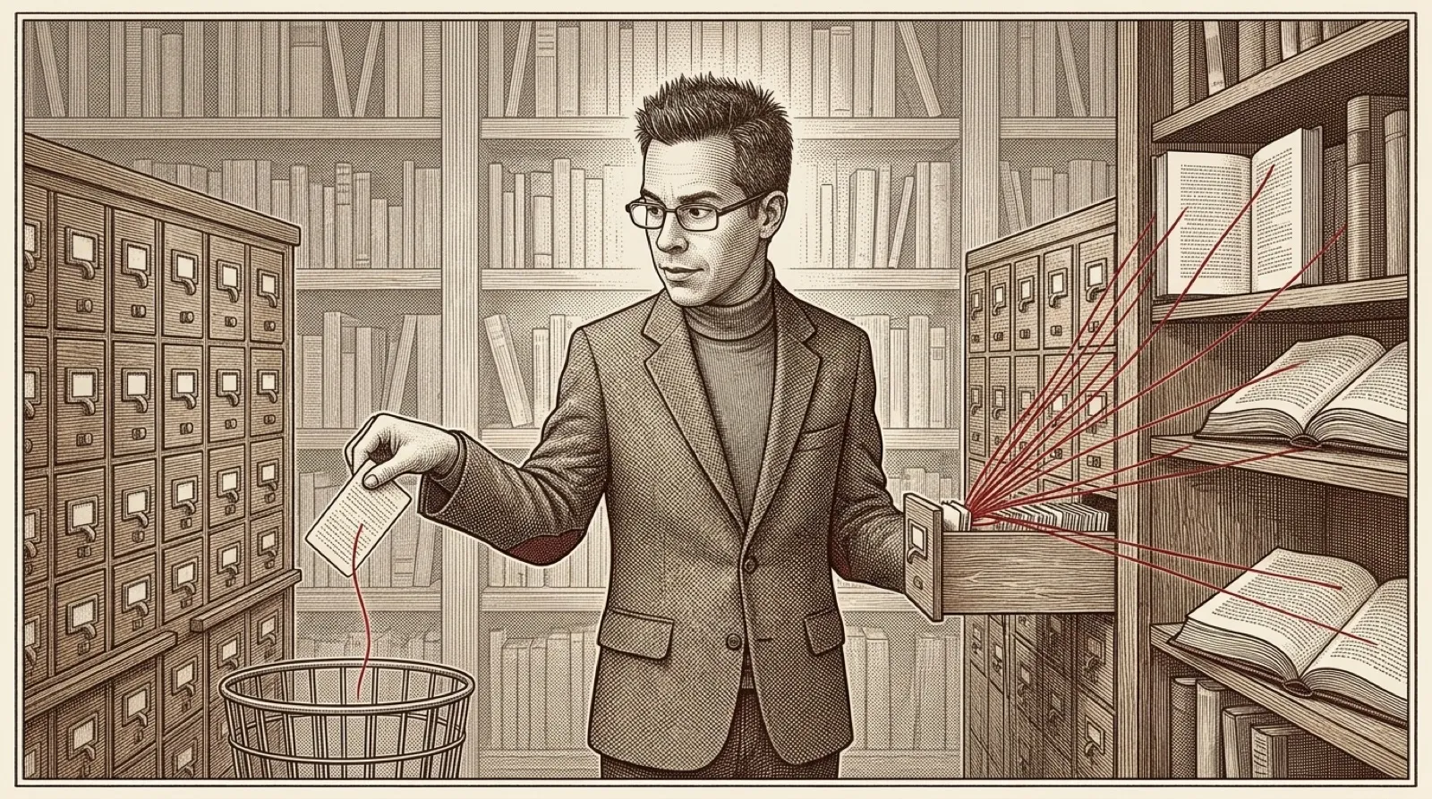 Chris pulls a card from a library card catalogue and drops it in a bin because its red thread doesn't reach the source book beside it.