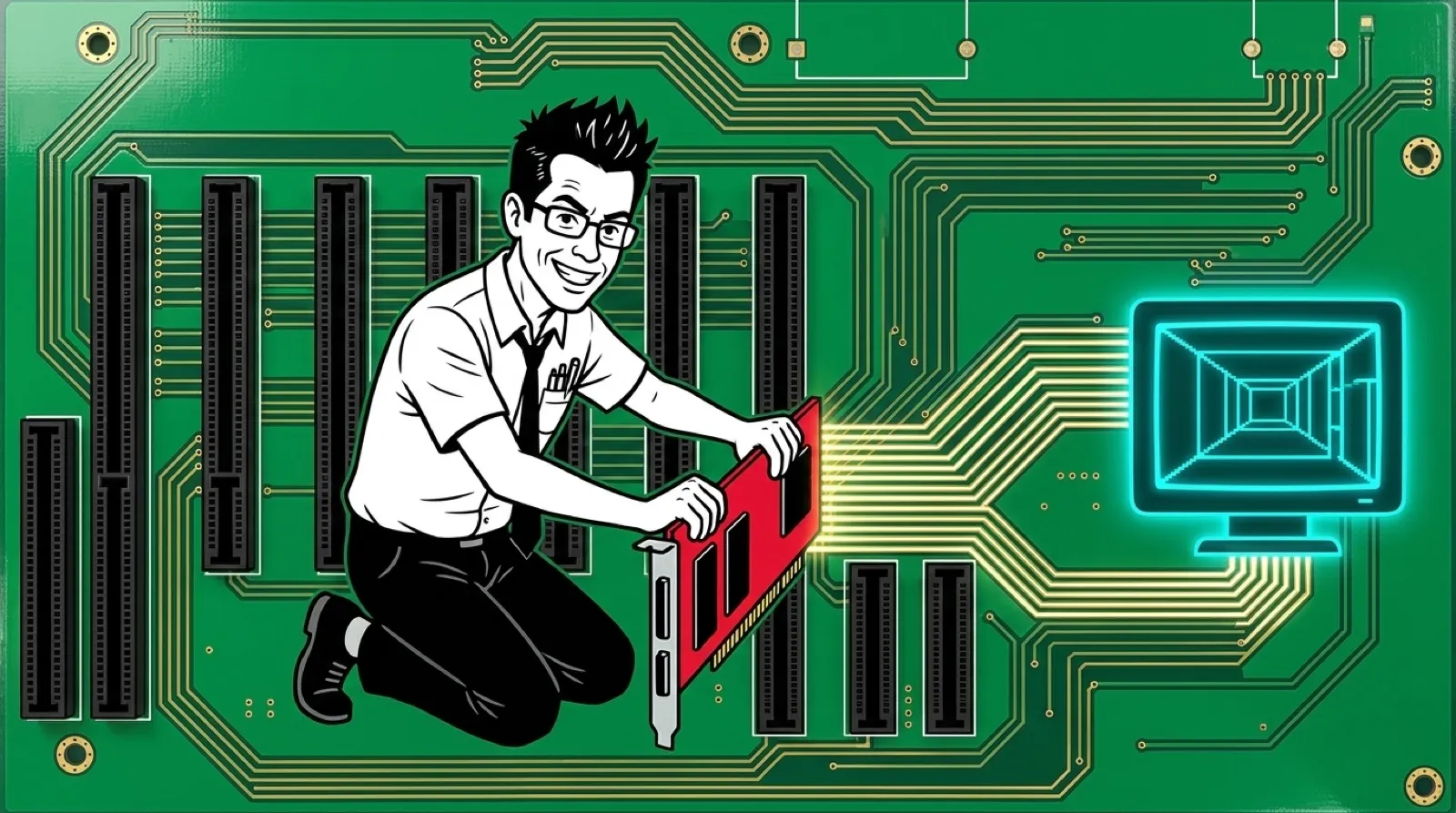 Chris, drawn in white silkscreen lines on a giant green motherboard, pushes a sound card into an expansion slot while a small screen beside the slots glows