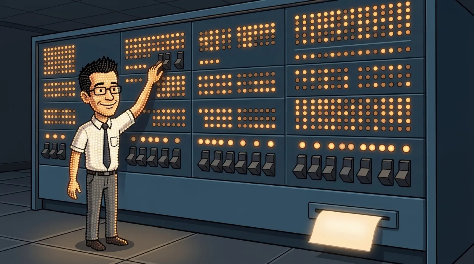 Chris Pirillo made of glowing indicator lamps, reaching up to flip a toggle switch on a tall late-1960s minicomputer cabinet as a single sheet slides out of a slot.