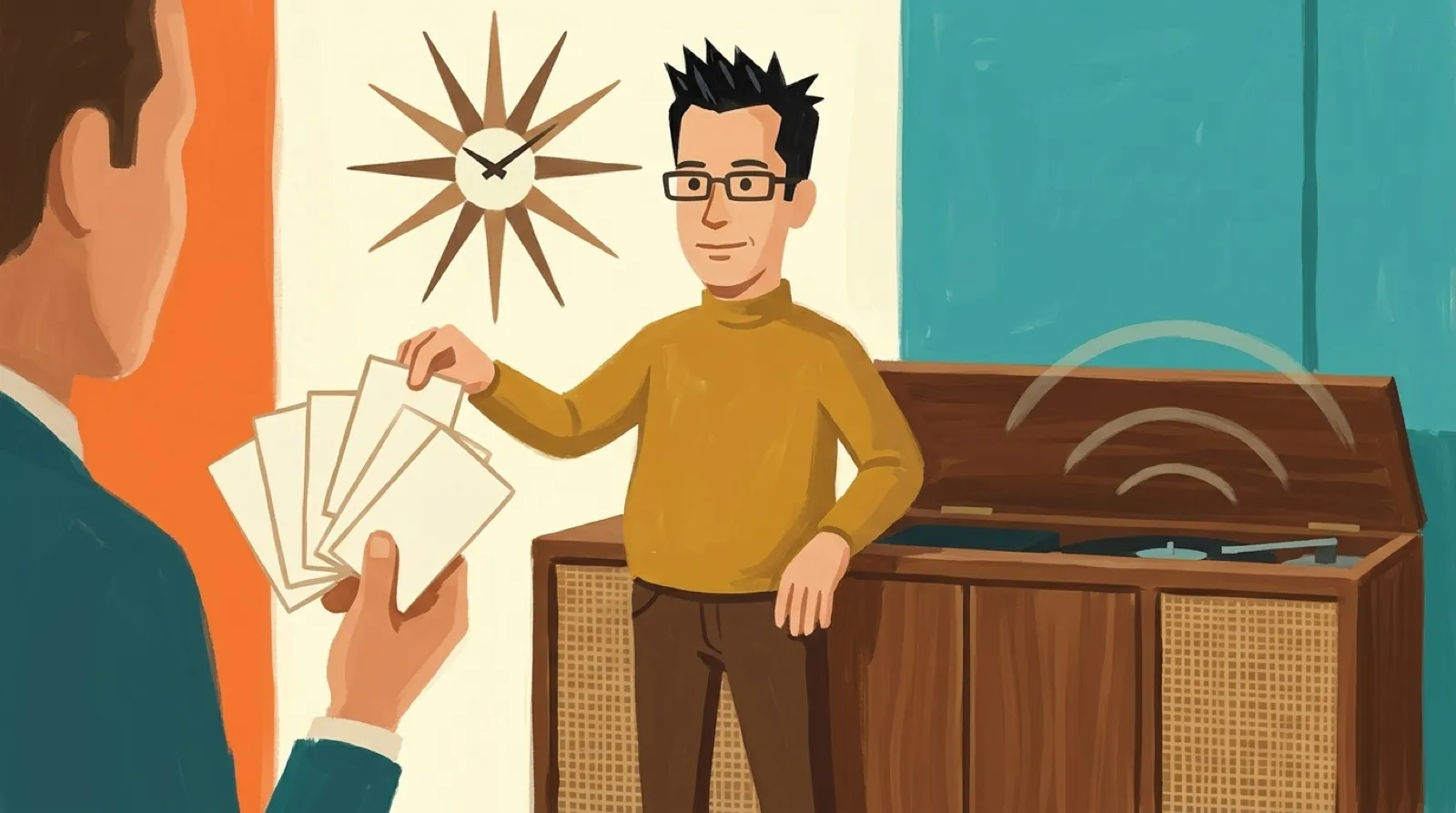 Chris Pirillo, painted in flat gouache like a 1960s hi-fi record sleeve, pulls one blank card from a fan of candidate name cards beside a wooden stereo console.