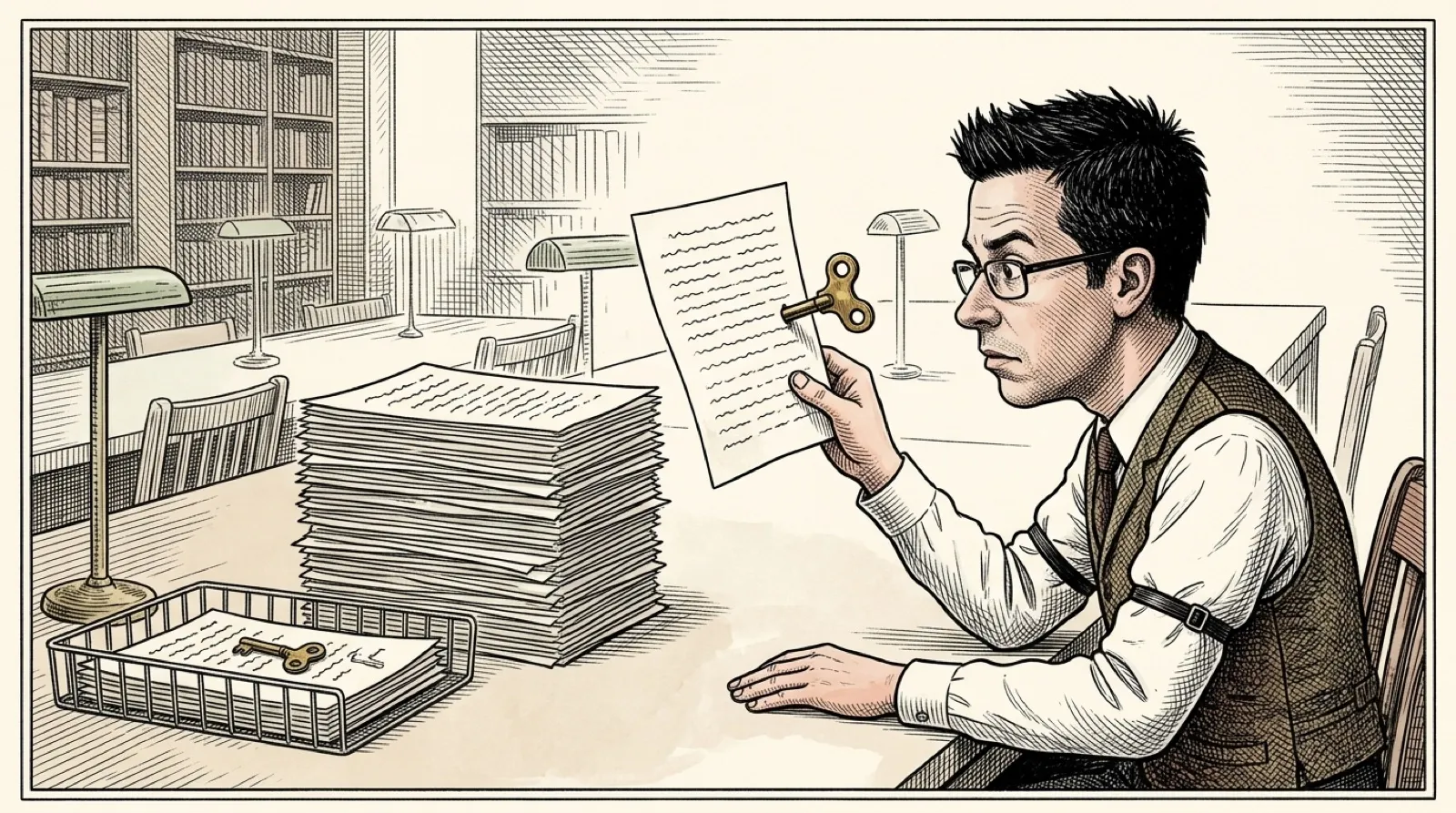 Chris, at a library table piled with encyclopedia pages, lifts out one page that has a clockwork wind-up key sticking out of it and drops it into a tray of flagged pages.