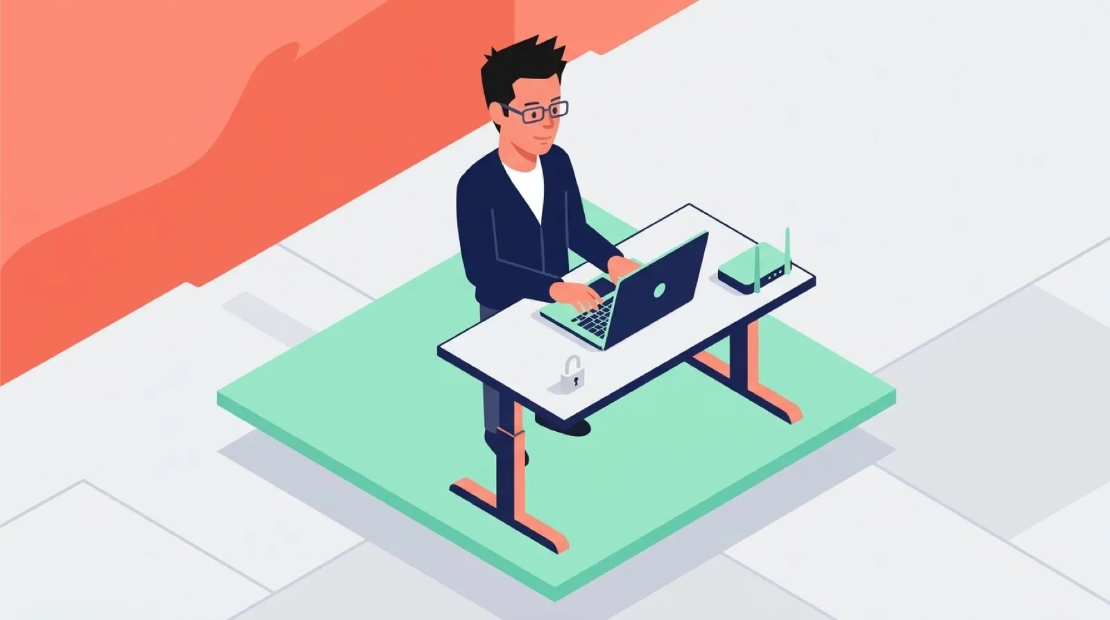 Chris, in isometric vector style, types a password at a laptop beside an office Wi-Fi router