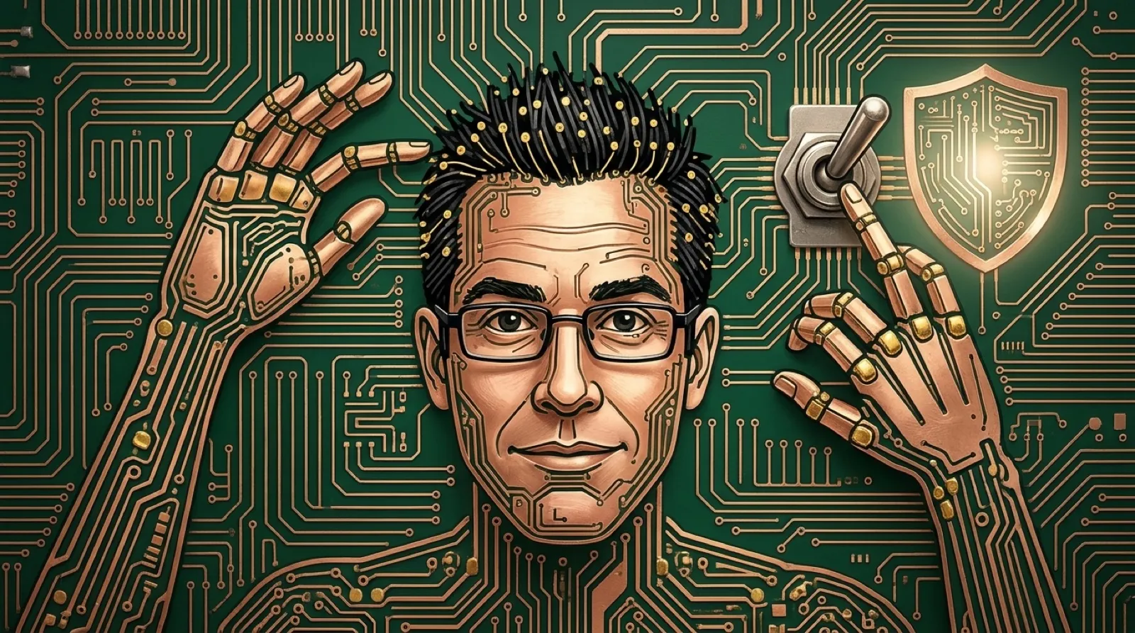Chris, etched into a copper circuit board, flips a large toggle switch back on