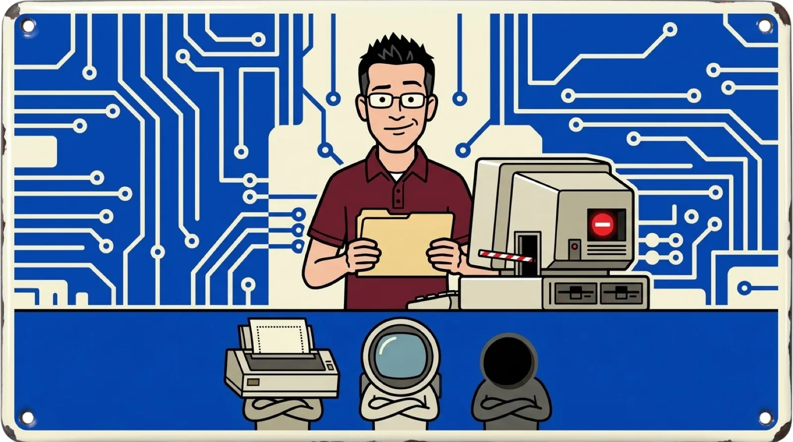 Chris Pirillo offers a file folder to an early PC whose little doorway is barred by three tiny hardware guards: a printer, a console screen and a bottomless void