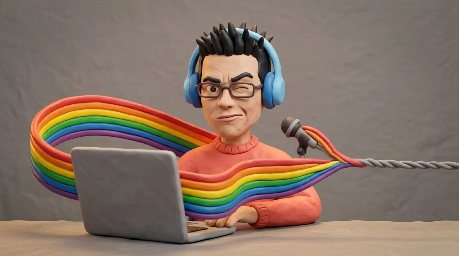 A clay diorama of Chris in wireless headphones at a desk, wincing as wide rainbow ribbons of music from his laptop pinch down to one thin gray strand where a small clay microphone pops up.