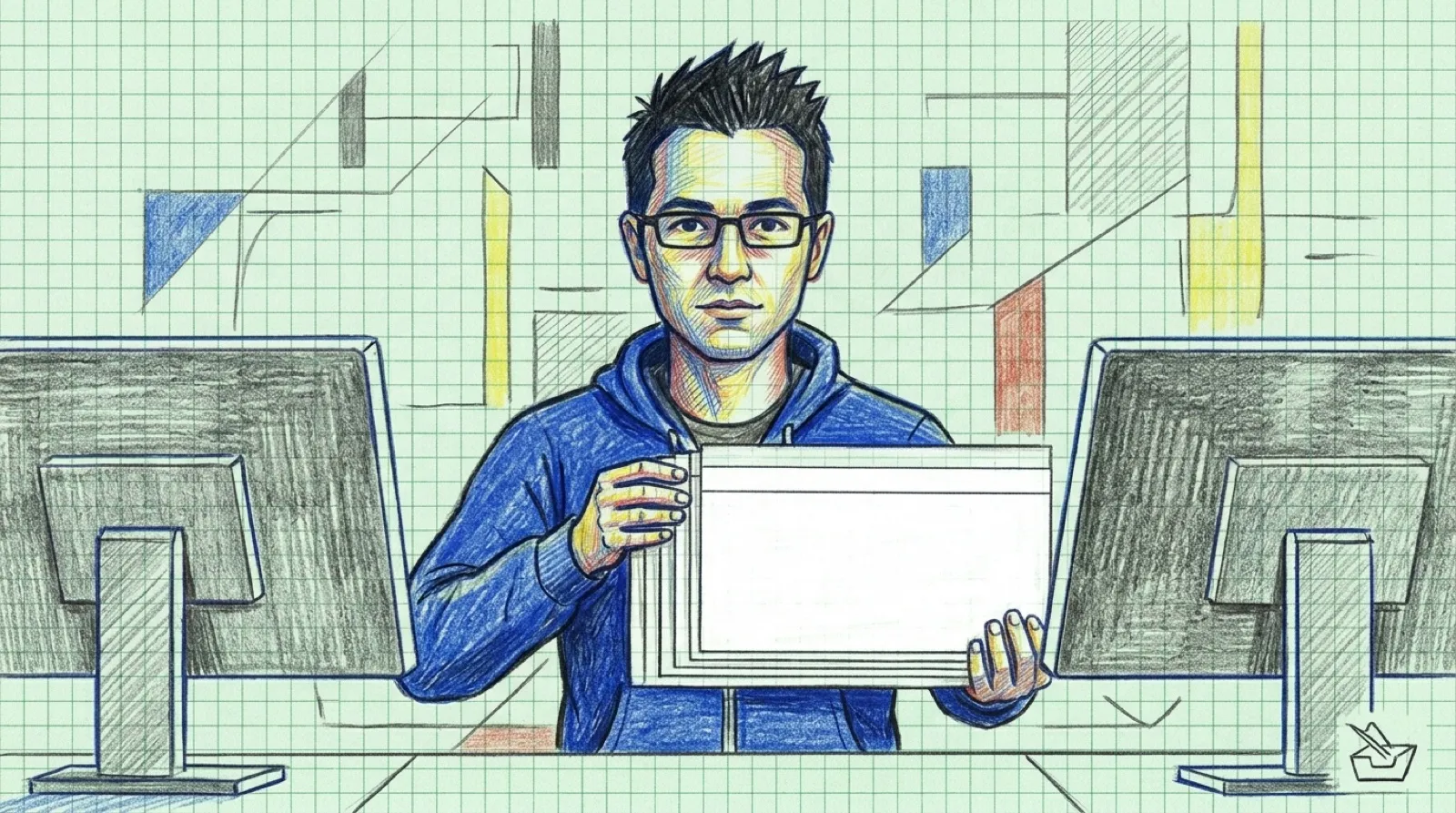 Chris, in colored pencil, slides app windows back across two monitors